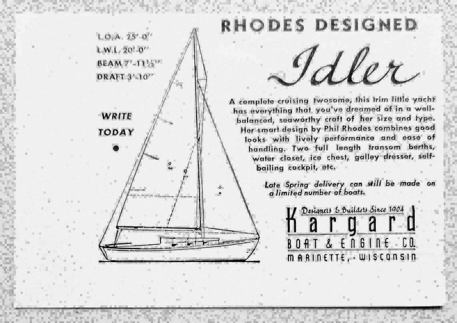 1947 Print Ad Idler Rhodes Designed Sailboat Kargard Marinette,WI
