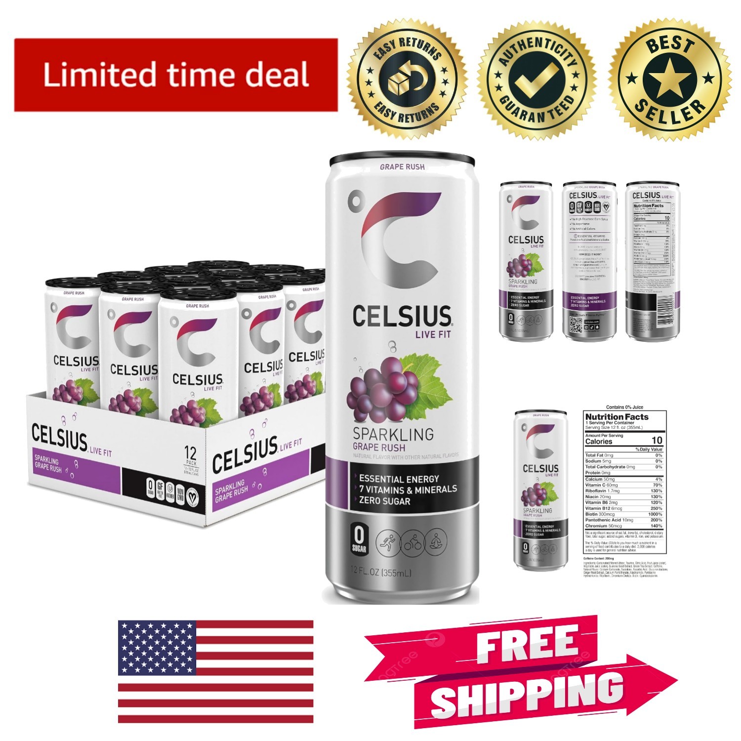 Pack of 12 Sparkling Grape Rush Energy Drinks - Zero Sugar, 200mg Caffeine Pack of 12 Sparkling Grape Rush Energy Drinks - Zero Sugar, 200mg Caffeine