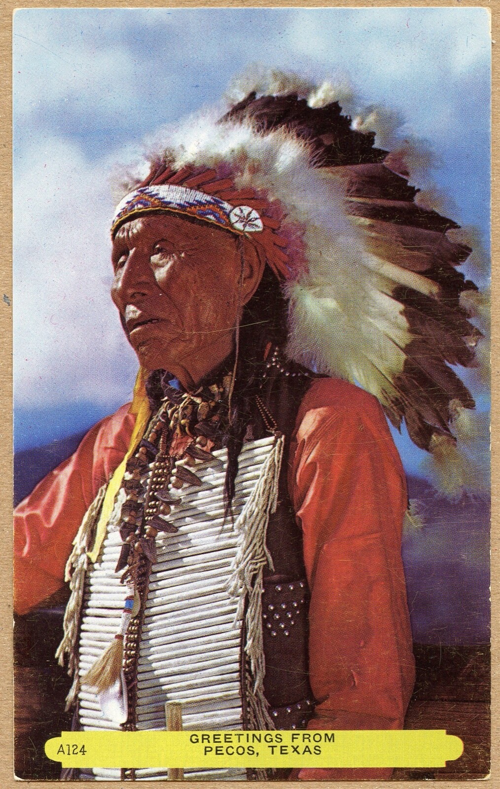 Pecos TX Greetings Indian Chief Texas Postcard