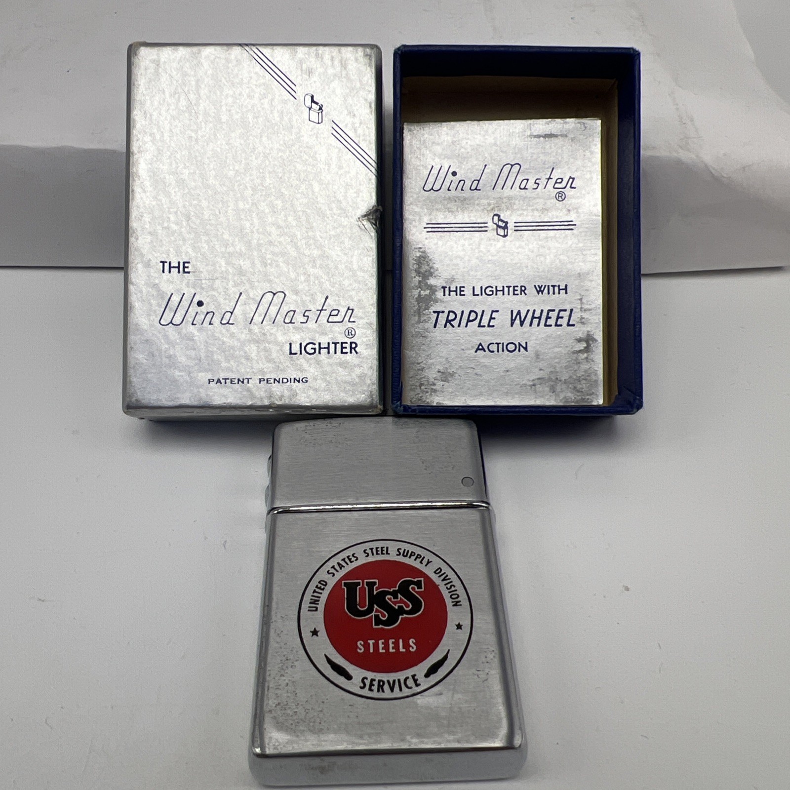 Vintage Wind Master Lighter Advertising US Steel W/Box & Paperwork EUC M4374 Vintage Wind Master Lighter Advertising US Steel W/Box & Paperwork EUC M4374