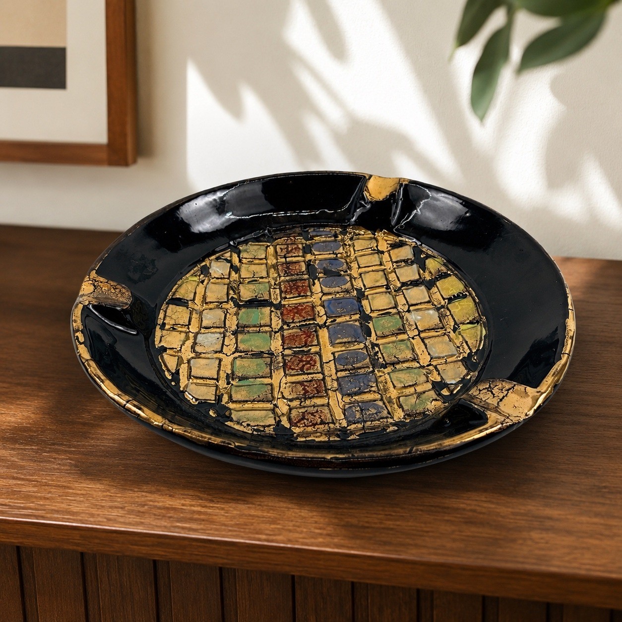 Vtg Italian Black & Gold Ceramic Ashtray | Mid Century Modern Geometric Pottery