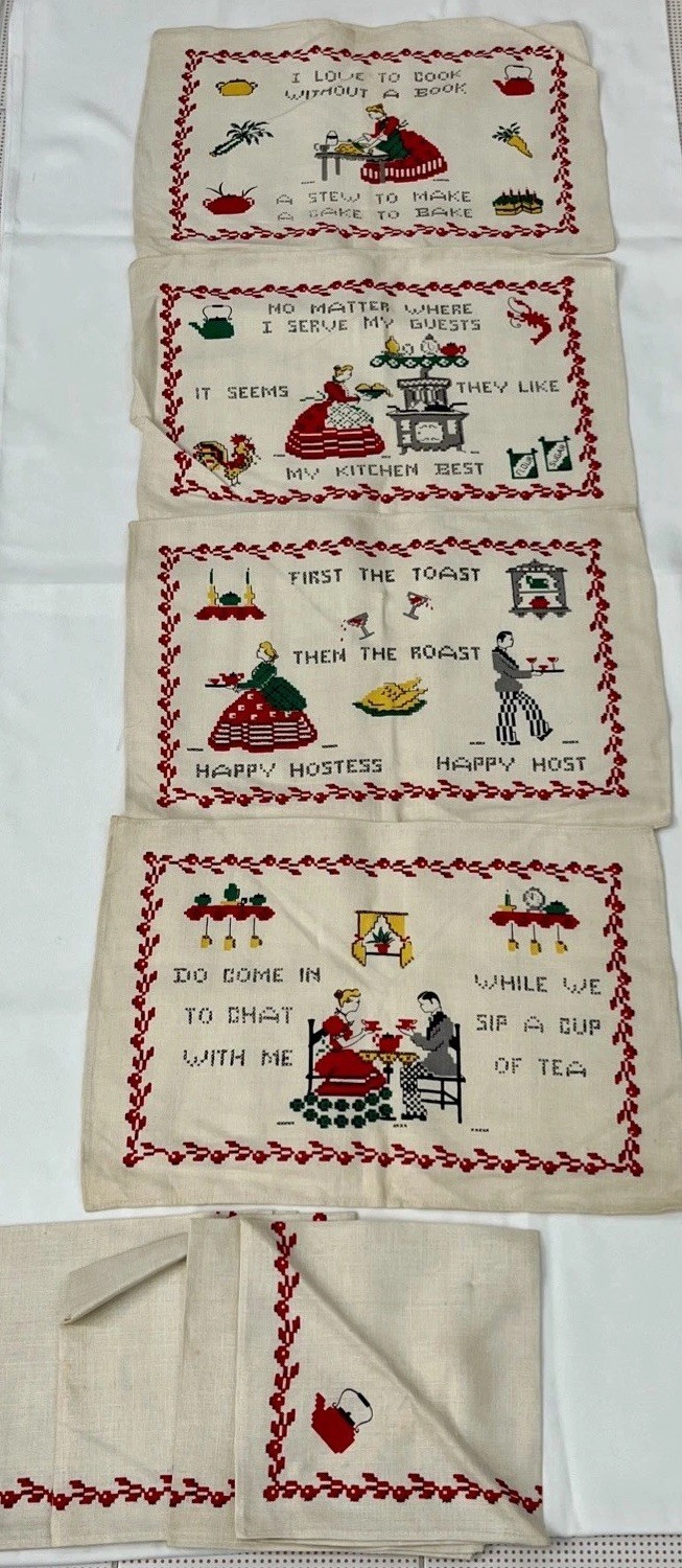 Vintage Mid Century Kitchen Placemats Napkins Set 8 Printed Cross Stitch Teapot Vintage Mid Century Kitchen Placemats Napkins Set 8 Printed Cross Stitch Teapot