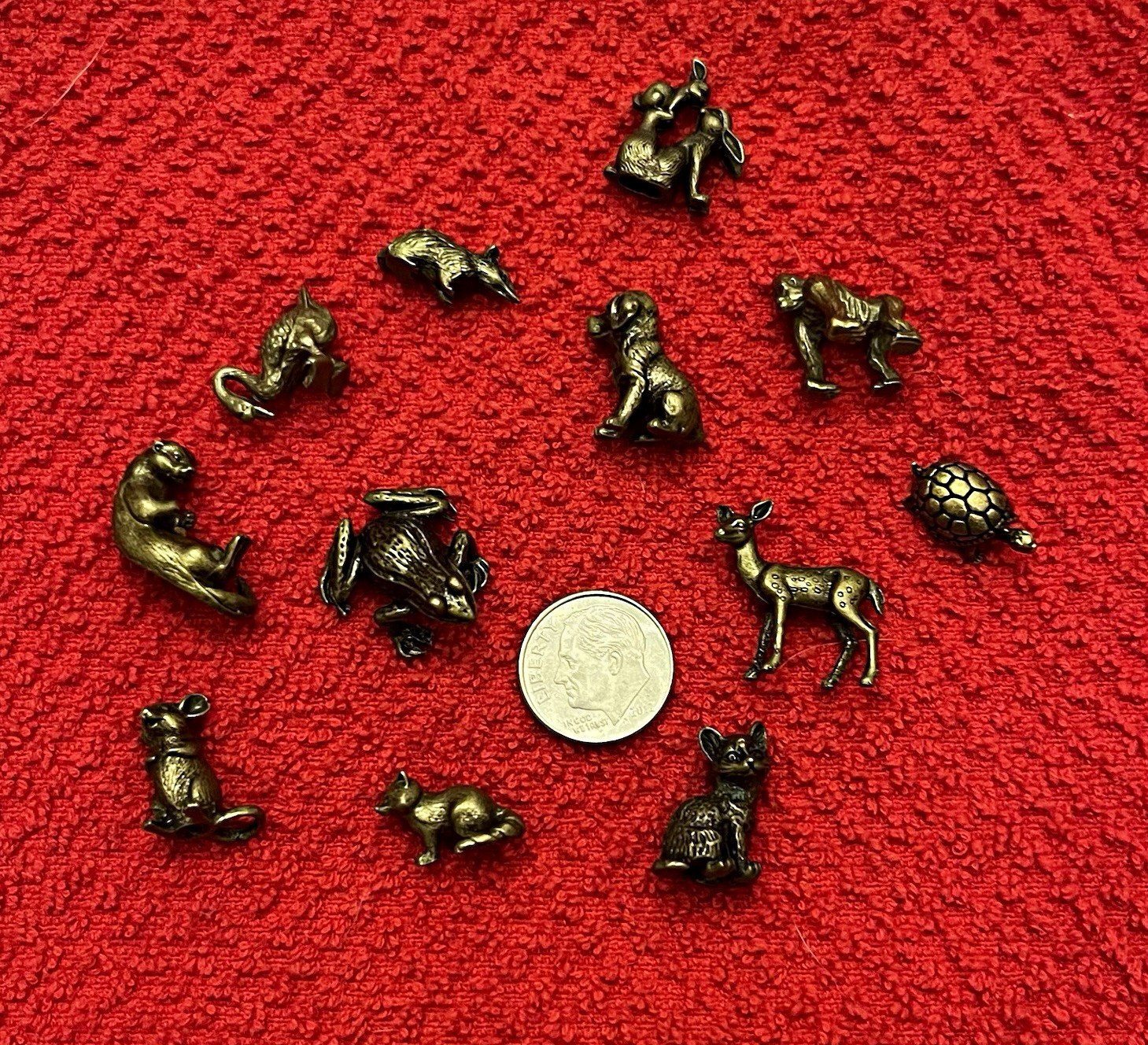 Frog and friends trinket set 12 tiny antique brass tone metal animals.