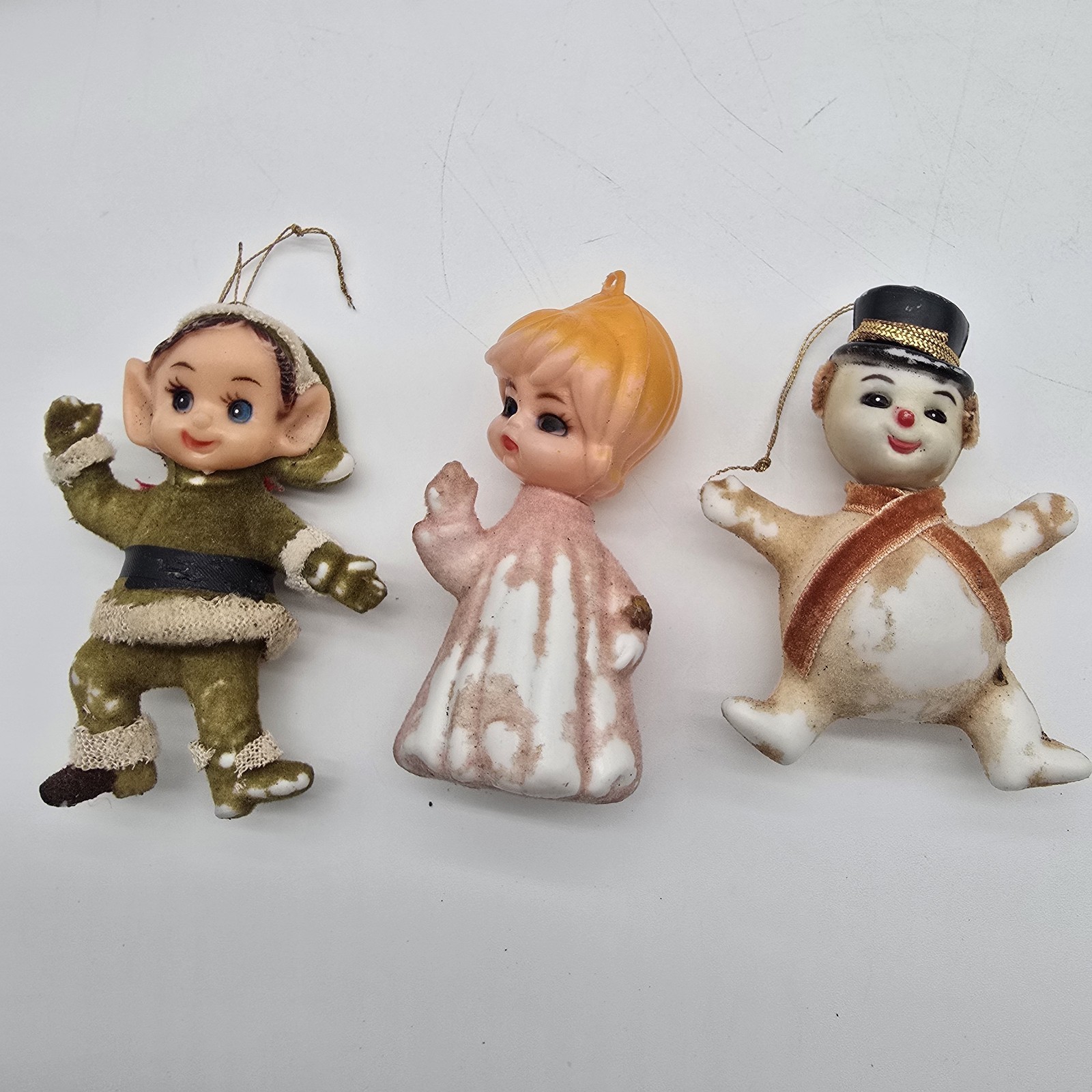 Vintage Christmas Ornaments Mixed Flocked Felt Fabric Lot Of 3 Elf Angel Frosty Vintage Christmas Ornaments Mixed Flocked Felt Fabric Lot Of 3 Elf Angel Frosty