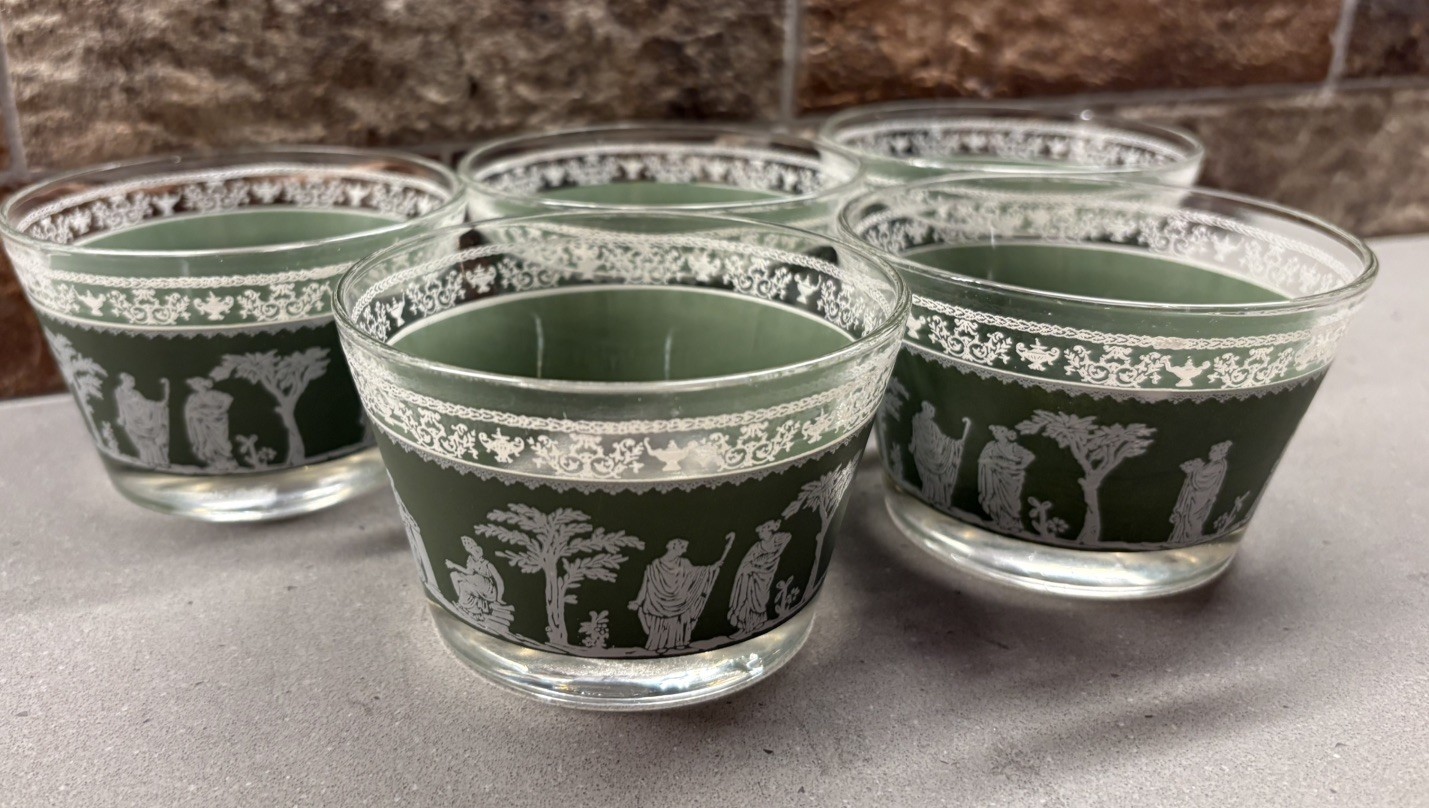 5 Vintage 1950s Jeannette Glass Hellenic bar glasses Green/Sage Wedgewood