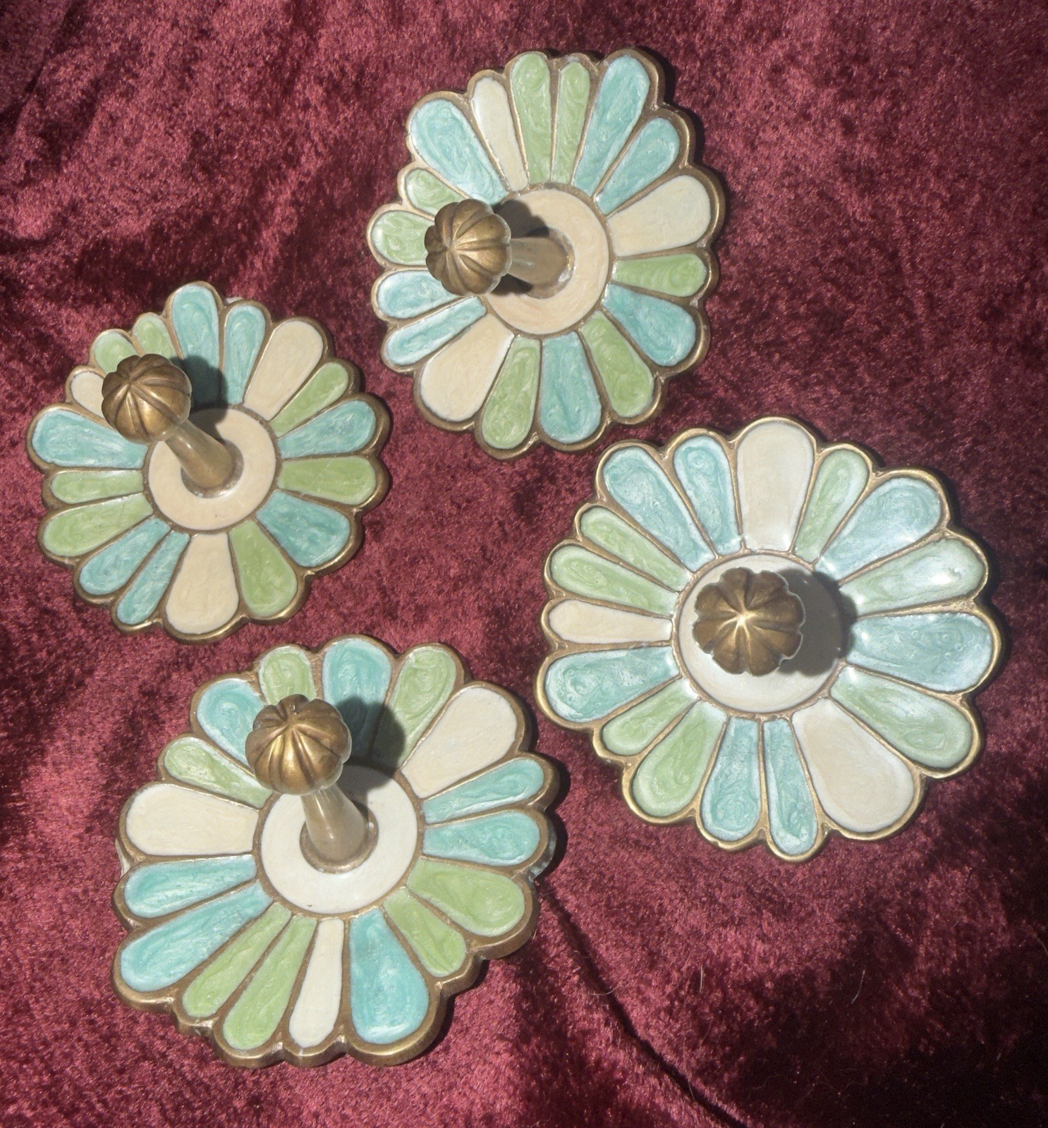 Anthropologie Enamel Brass Floral Rosette Wall Hooks Set of 4 India RARE