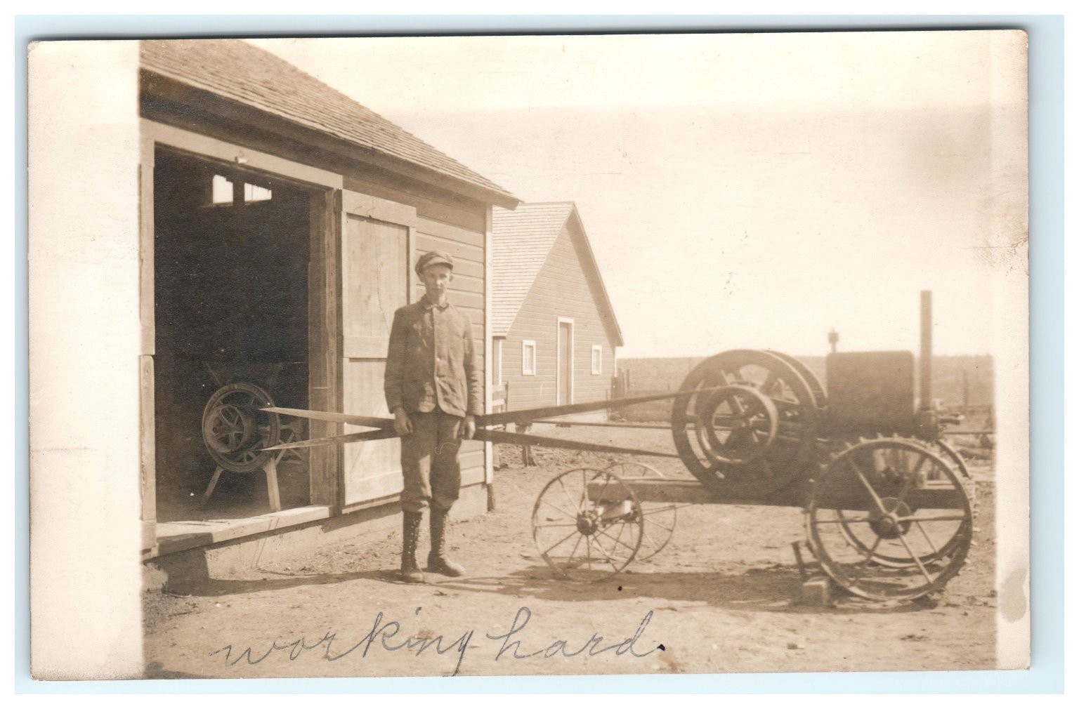 1916 RPPC Young Man & Vintage Farm Tractor Engine 1916 RPPC Young Man & Vintage Farm Tractor Engine