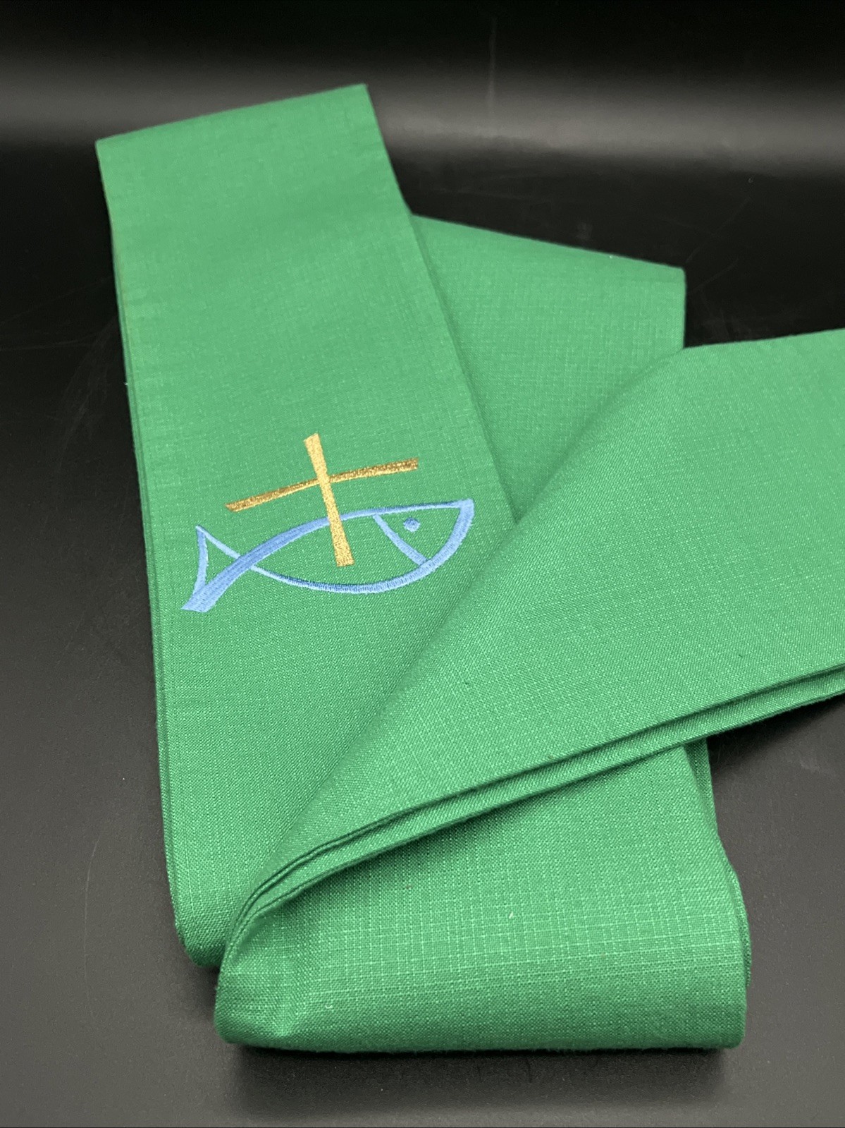 Vtg Slabbinck Green Clergy Priest Overlay Stole Fish Ichthys Cross Belgium 54\ Vtg Slabbinck Green Clergy Priest Overlay Stole Fish Ichthys Cross Belgium 54\