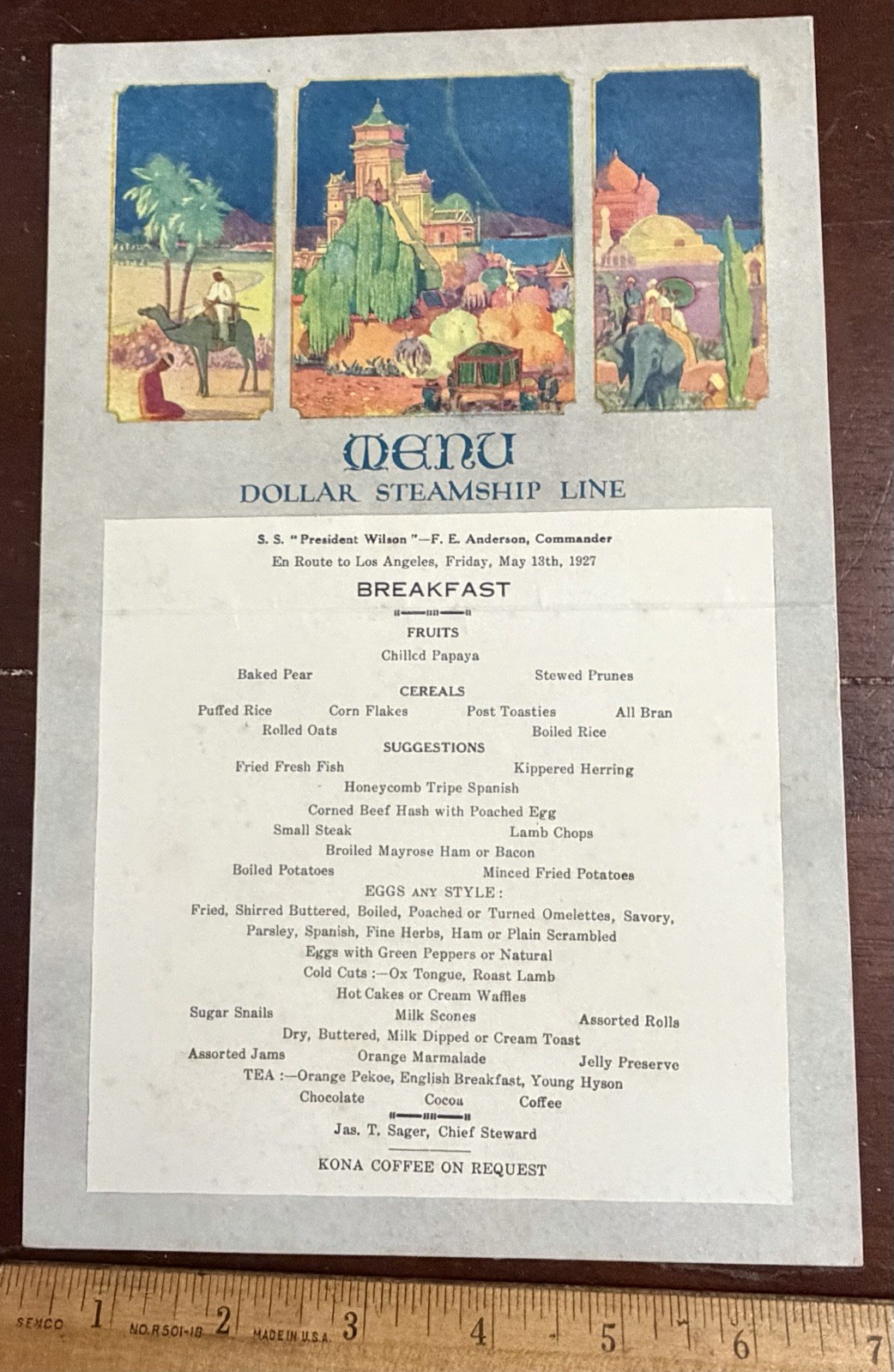 Menu DOLLAR STEAMSHIP LINE BREAKFAST,SS PRESIDENT WILSON 1927  LA, Mailer