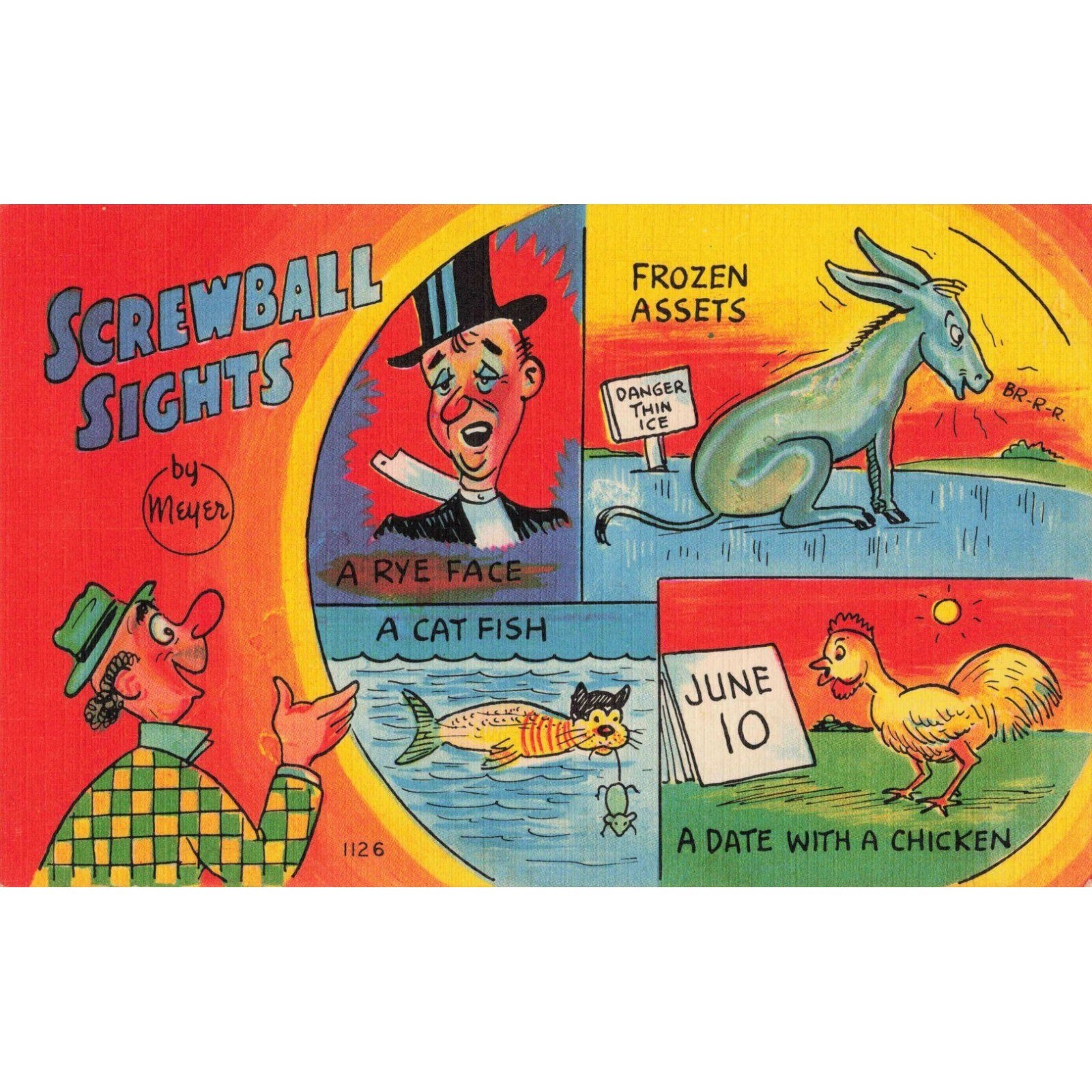 Vintage Screwball Sights by Meyer Comic Linen Postcard 1126 Visual Puns VG+