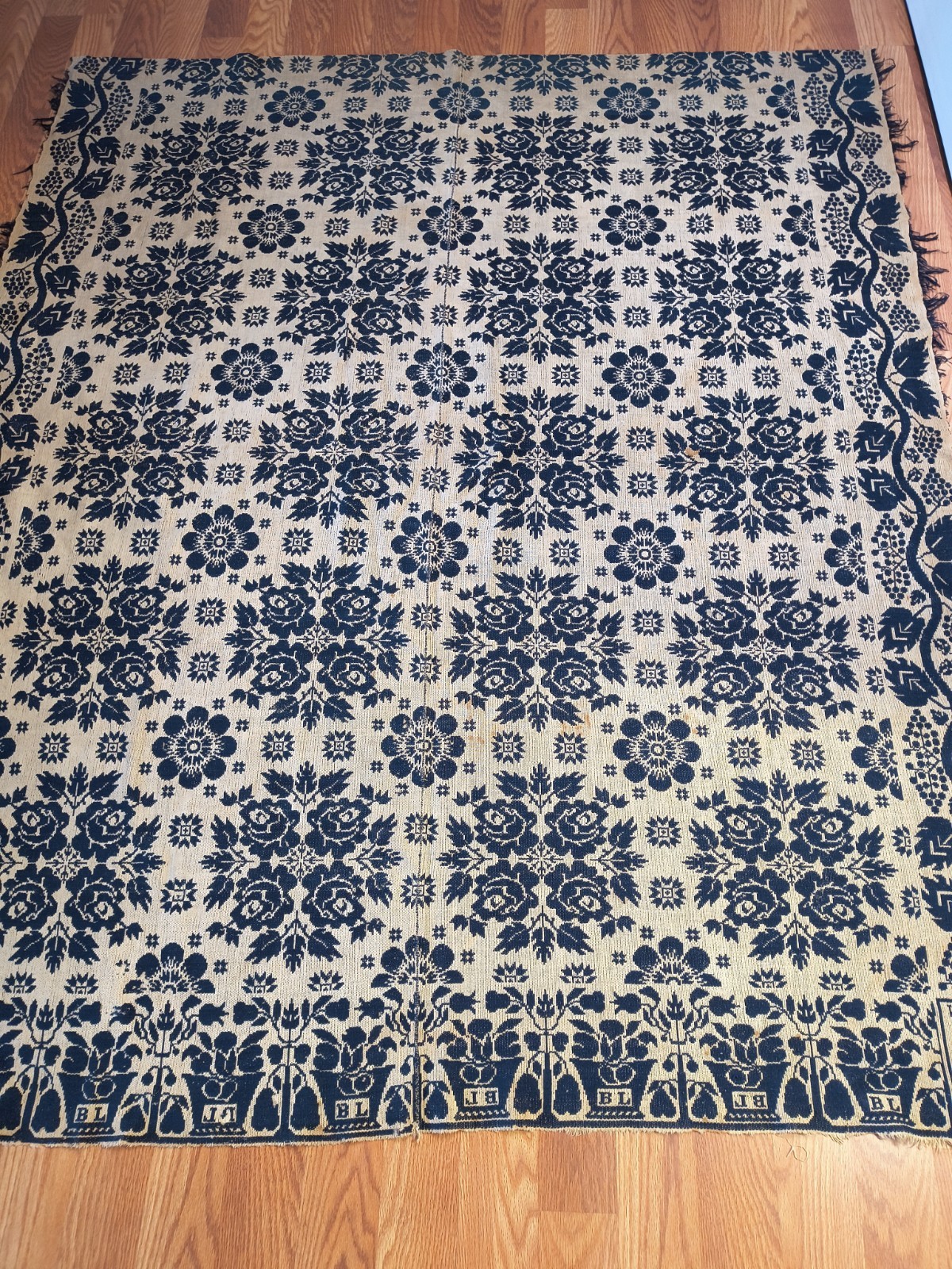 Antique 1843 Benjamin Lichty Ohio Jacquard Coverlet BL Flowerpot Urn 86 X 69