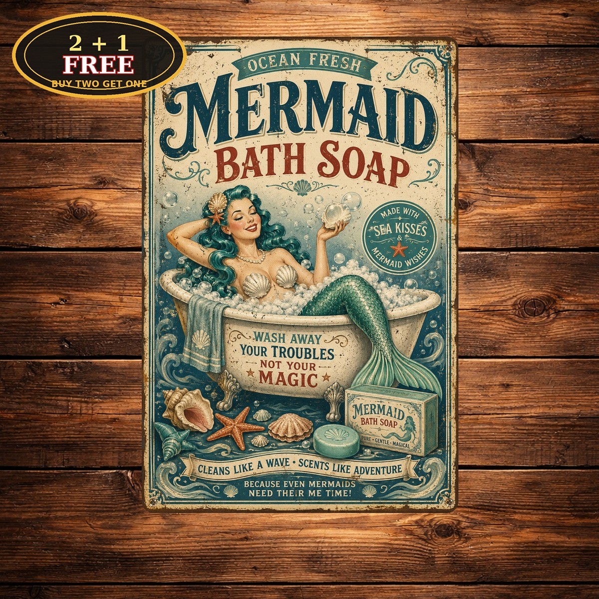 Vintage Mermaid Bath Soap Seafood Parlor Washroom Decor Metal Sign 8x12