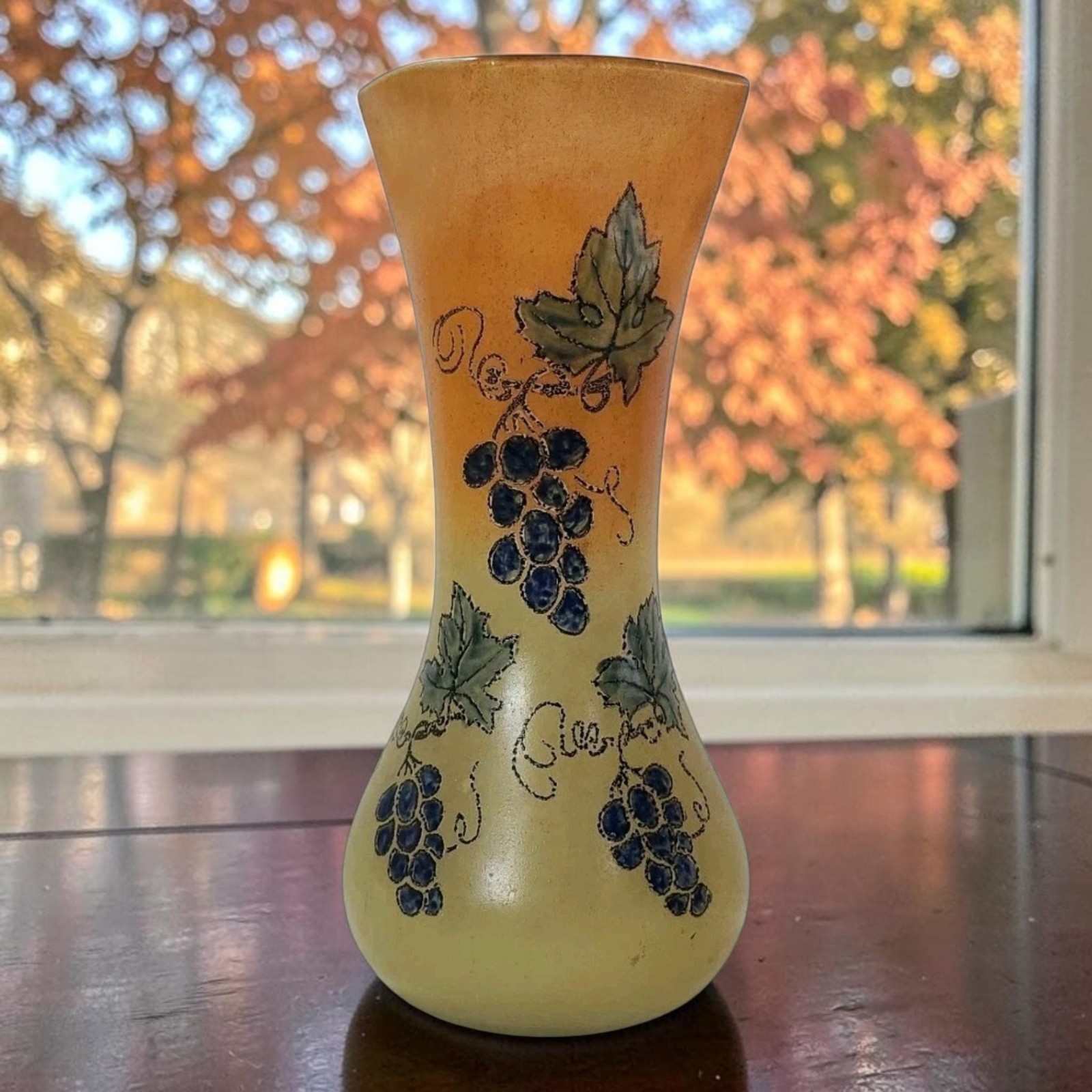 Antique Legras Art Glass Vase Enameled Grapes & Grapevines 9