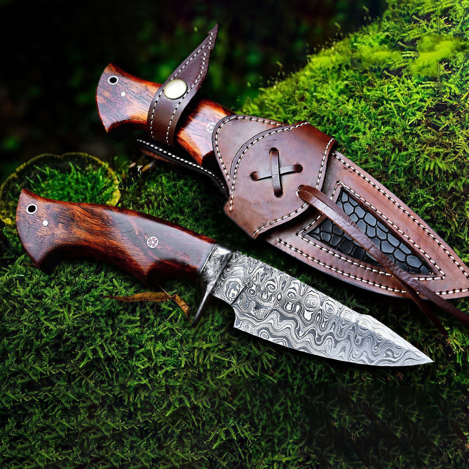 14-inch Bowie Knife Damascus Steel Fixed Blade Full Tang Stag Antler Handle