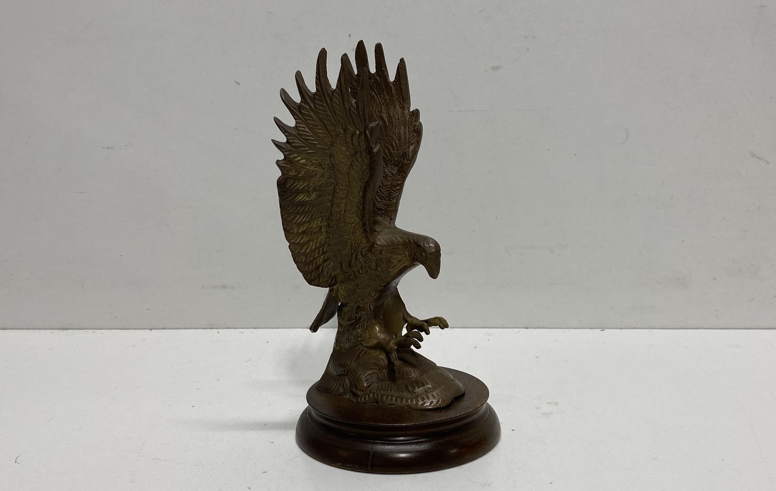 Eagle Figurine Cast Metal Brass Tone 9 Inch Tall On Wooden Base Vintage Style