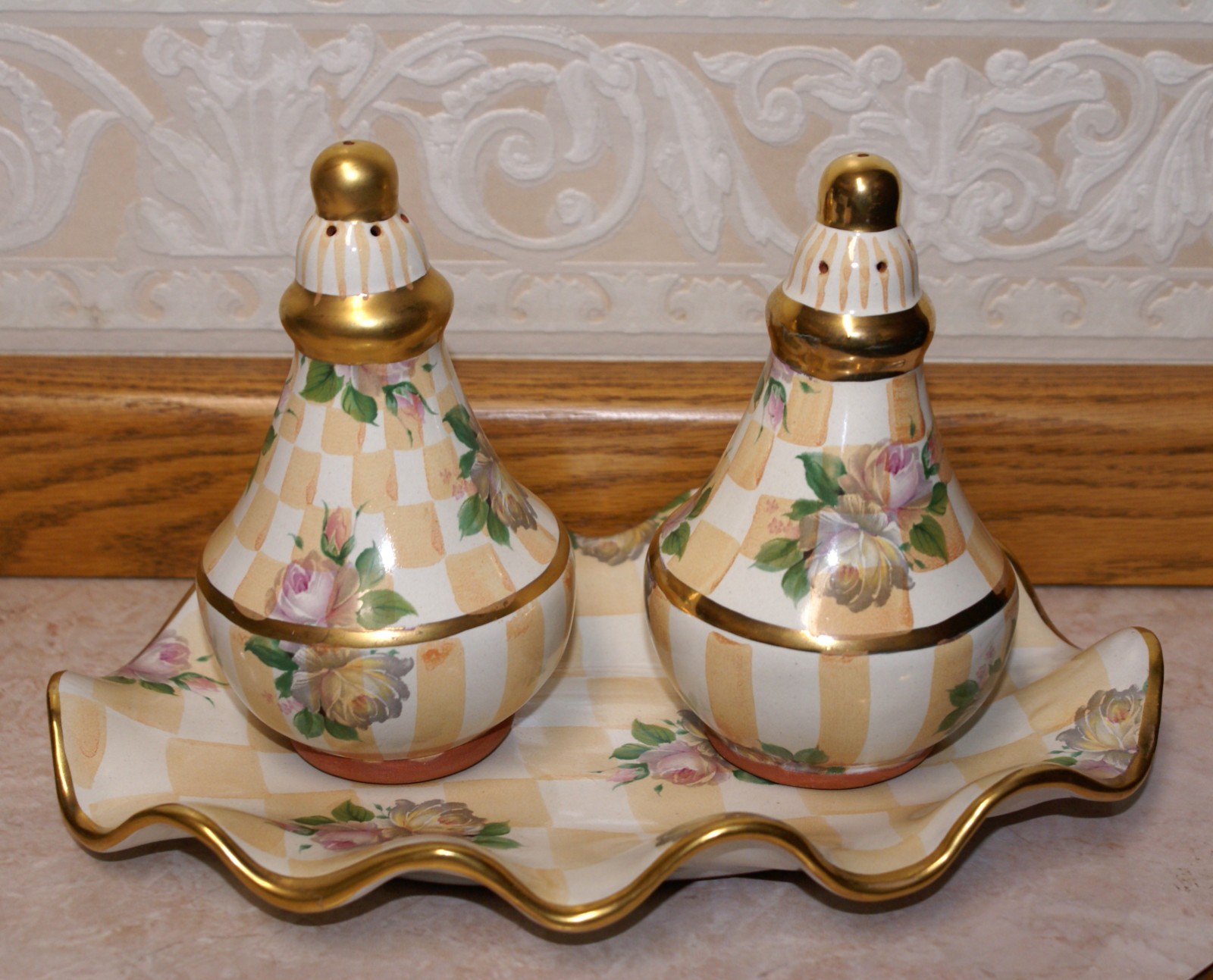 RARE 1983 Mackenzie Childs Orange Marmalade Salt & Pepper Shaker Set & Tray