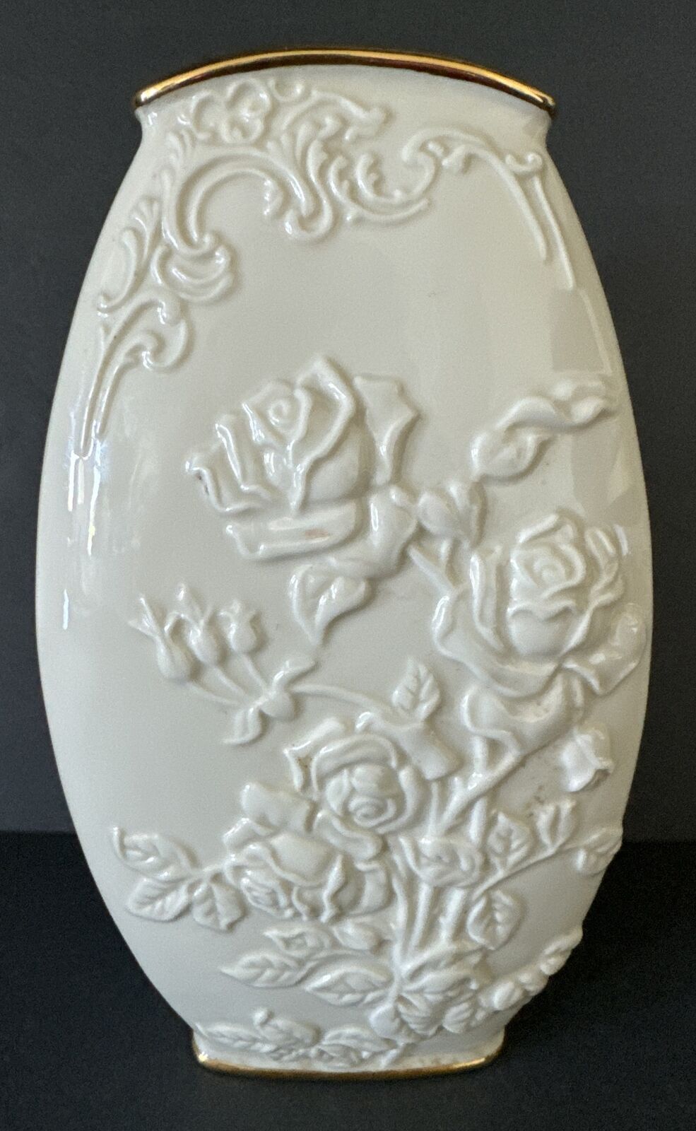 Lenox Embossed Roses Ivory Porcelain Vase With 24K Gold Trim 8” Tall x 4.5” Long