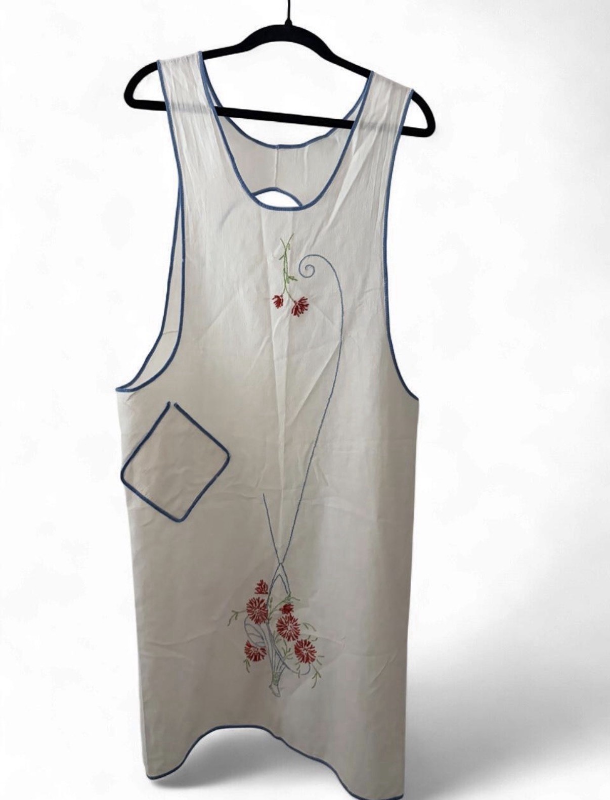 Vintage Hand Embroidered Floral Apron Blue Trim Cotton Pinafore Cottagecore