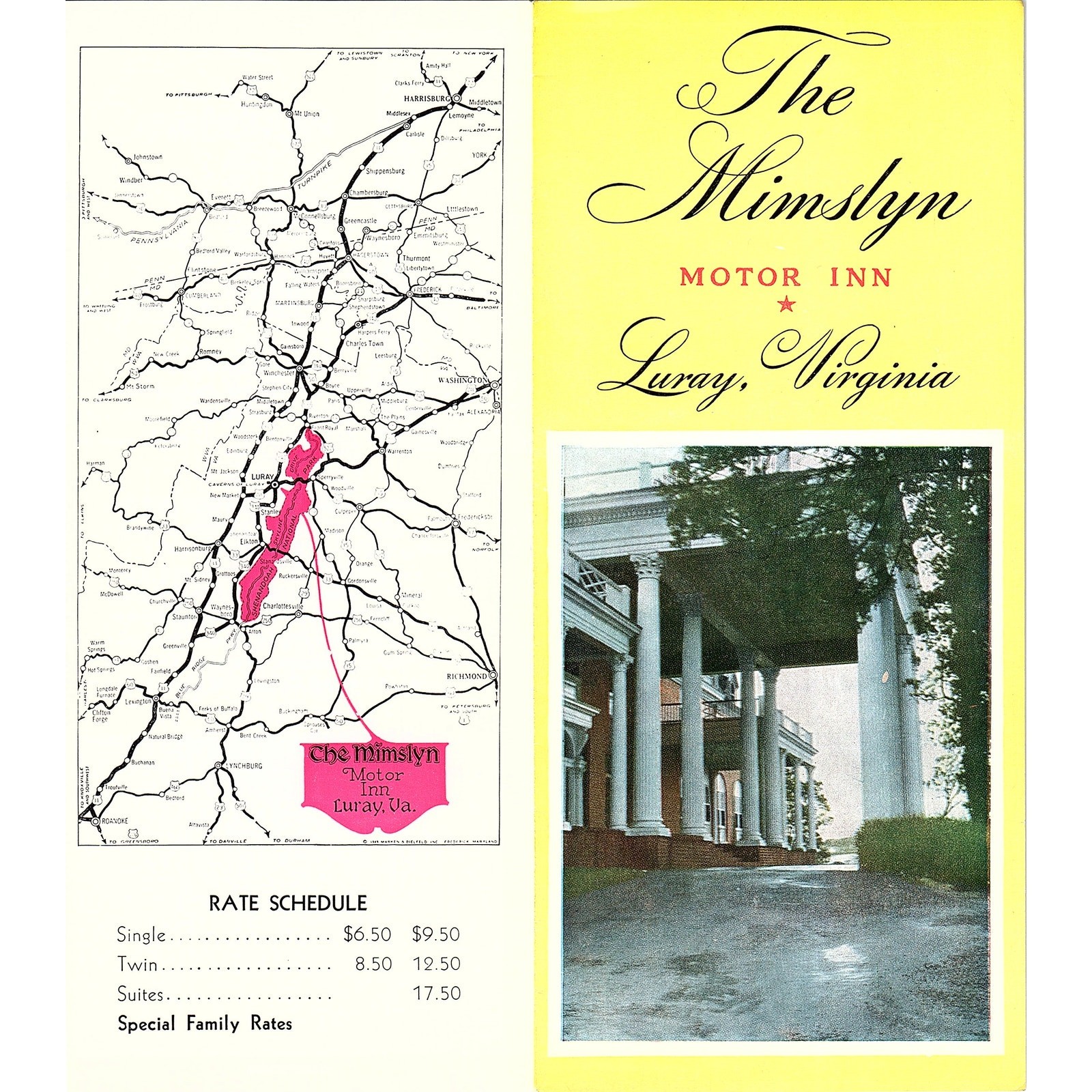 The Mimslyn Motor Inn Luray Virginia 1960s Travel Brochure L2-6