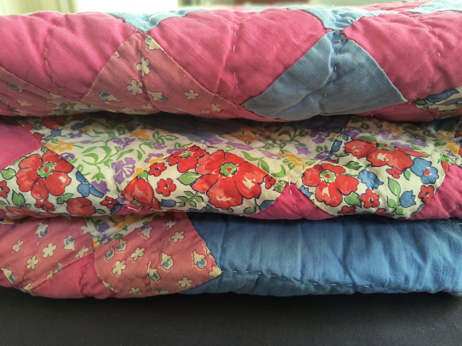 Vintage Handmade Quilt, Feed Sack Back, 95x 69 Vintage Handmade Quilt, Feed Sack Back, 95x 69