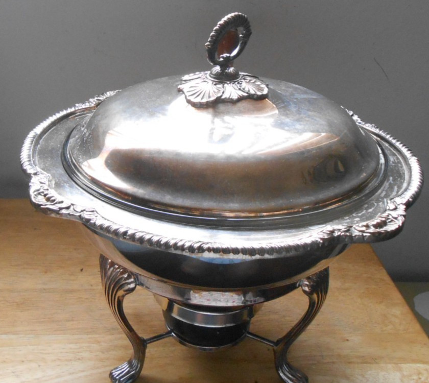 5 Pcs Vintage Neiman Marcus Silver-Plated  Serving Chafing Dish Wood Handle