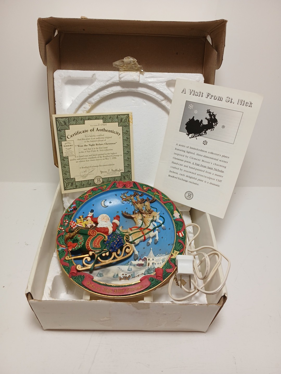 Vtg 1994 Bradford Exchange Light Up Christmas Plate Twas The Night COA Stand Box Vtg 1994 Bradford Exchange Light Up Christmas Plate Twas The Night COA Stand Box