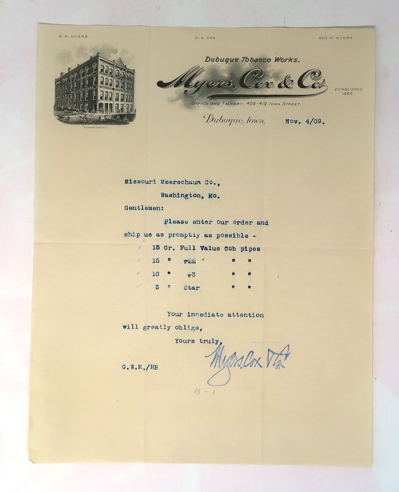 Vintage Ephemera 1909 Bill Head, Dubuque Tobacco Works, Myers Cox & Co.