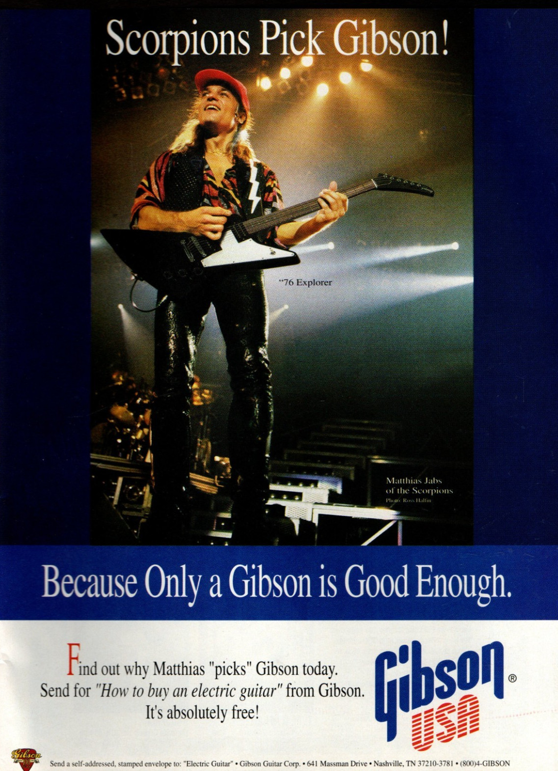 vtg MATTHIAS JABS GIBSON MAGAZINE PRINT AD Scorpions Explorer Guitar Pinup Page