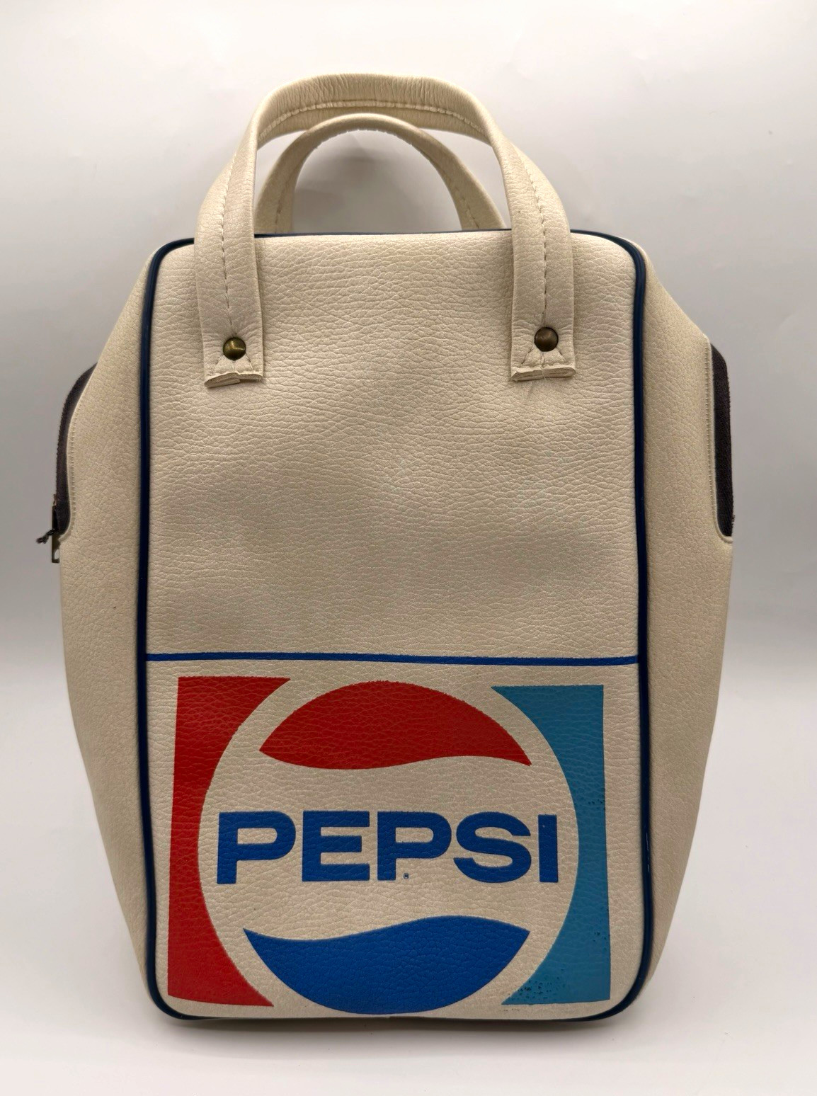 Vintage 70s Pepsi Textured Vinyl Cooler Bag Insulated Tote Handbag Beige
