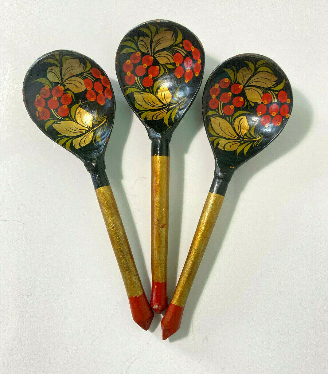 New 1960's Russian 3Pcs Painted Wooden Spoon 7.5