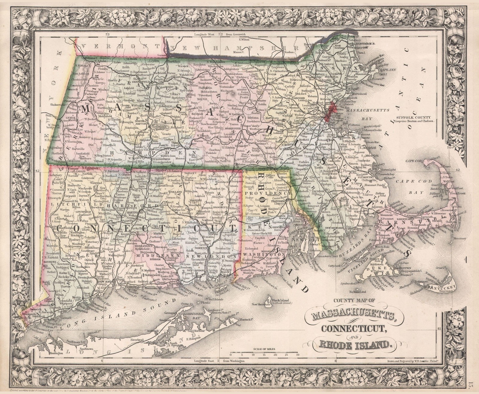 1862 Mitchell's Atlas Massachusetts Connecticut Rhode Island Vintage Map Reprint 1862 Mitchell's Atlas Massachusetts Connecticut Rhode Island Vintage Map Reprint