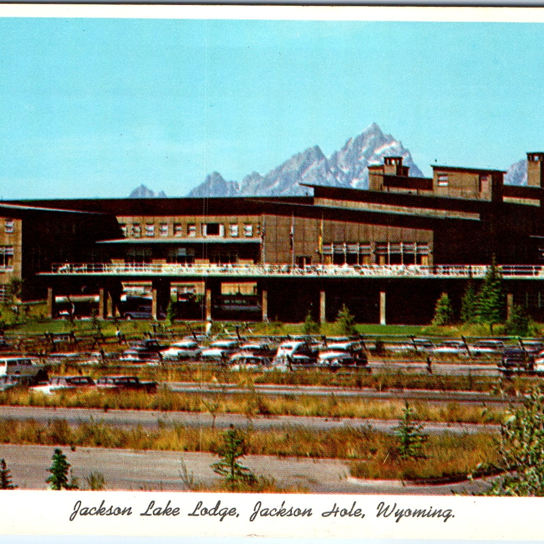 c1960s Jackson Hole WY Jackson Lake Lodge Postcard Grand Teton Mountains Cars c1960s Jackson Hole WY Jackson Lake Lodge Postcard Grand Teton Mountains Cars
