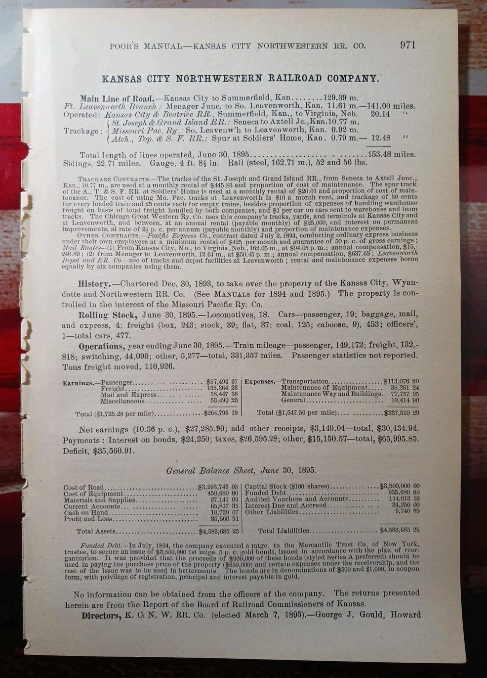~1896 Train Report KANSAS CITY NORTHWESTERN RAILROAD Summerfield Seneca Axtell 