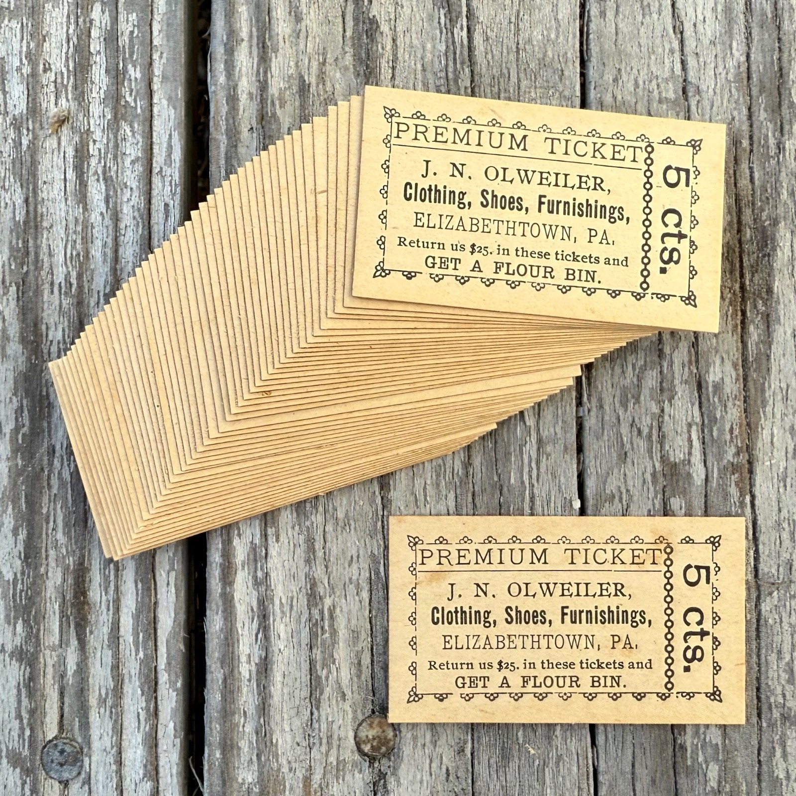 25 Tickets 1920s J. N. Olweiler Trading Co FREE FLOUR BIN Elizabethtown PA Lot 25 Tickets 1920s J. N. Olweiler Trading Co FREE FLOUR BIN Elizabethtown PA Lot