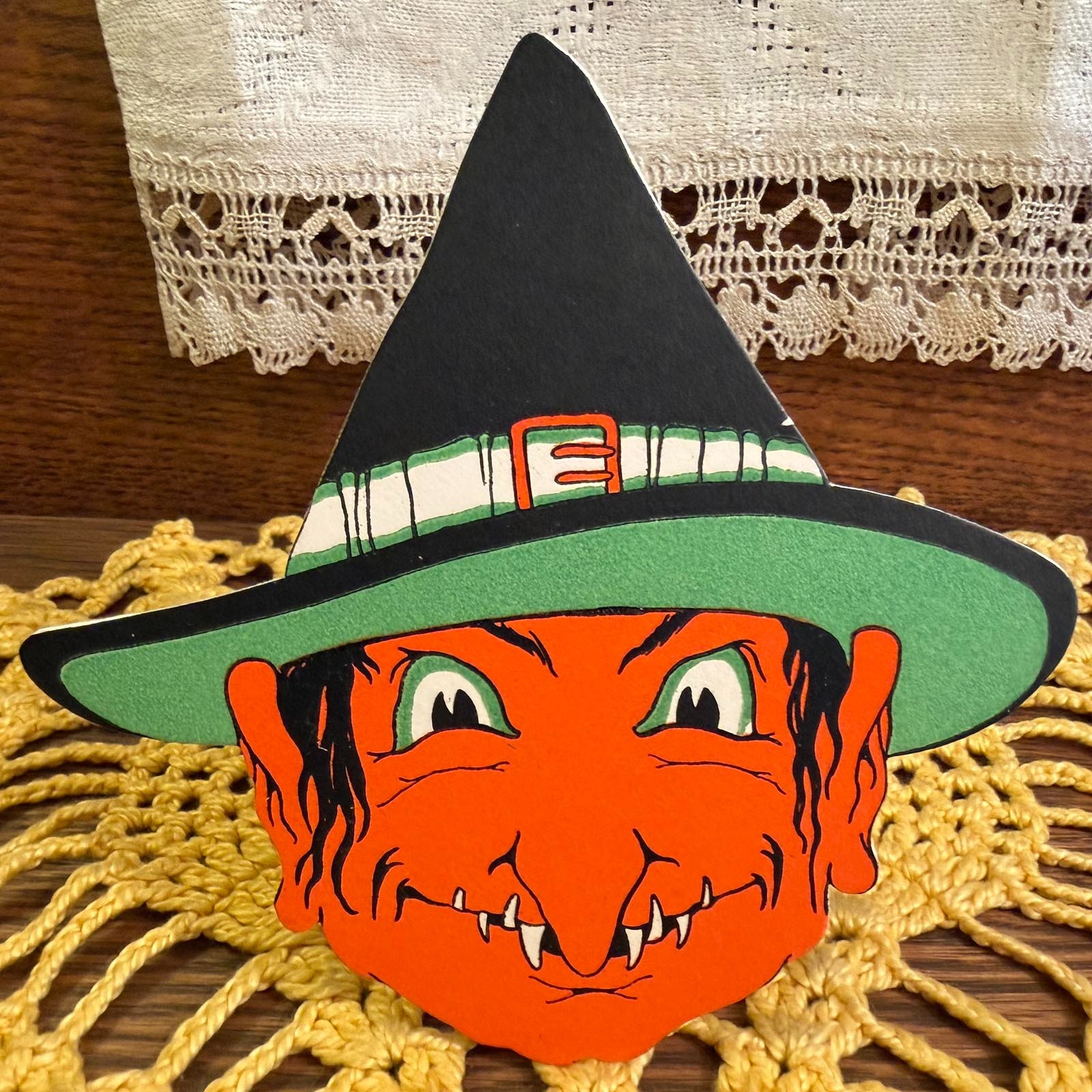 MINT RARE Antique Vintage Halloween Witch Face Diecut Decoration, Gibson Art 30s