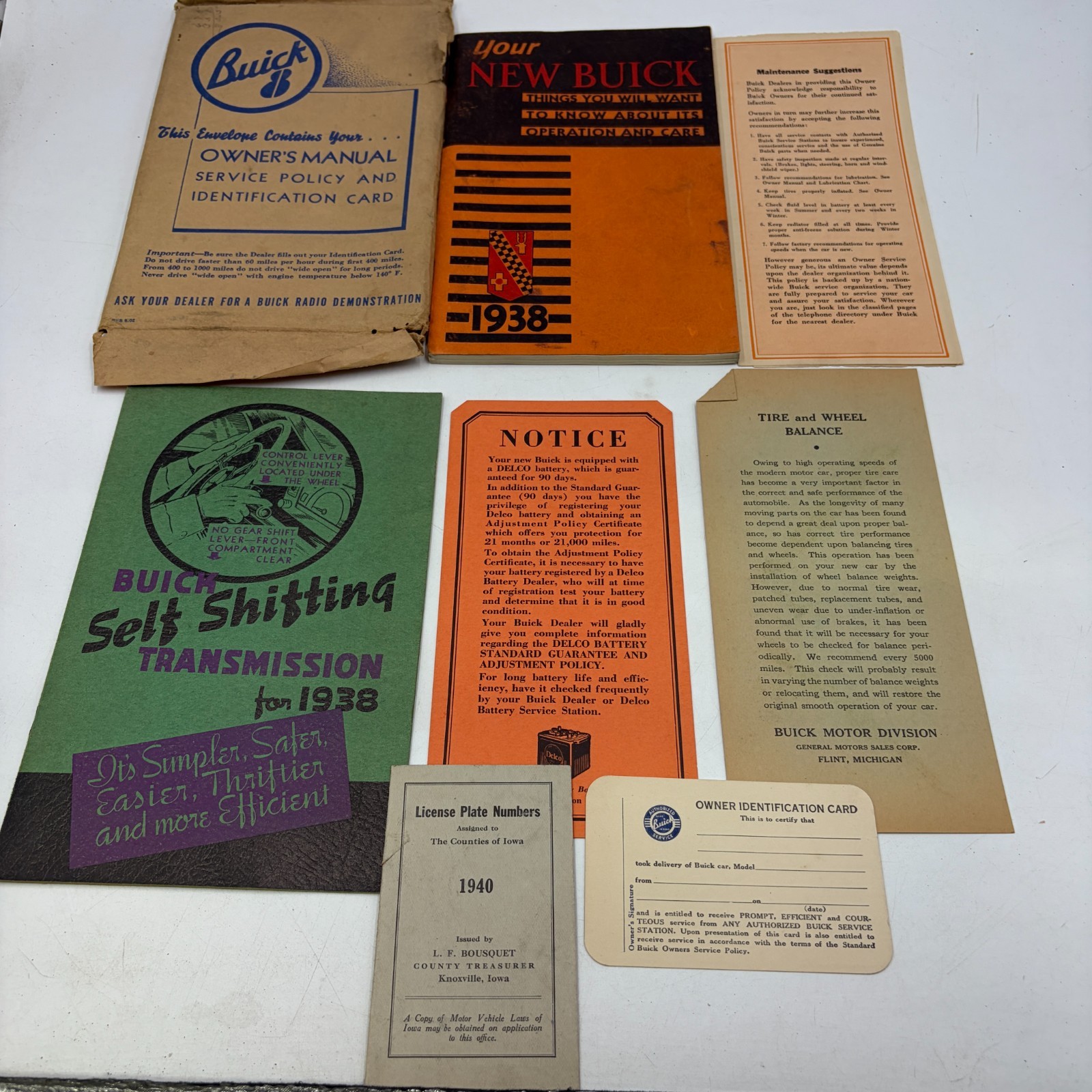 1938 Buick Owner’s Manual Original Envelope Lot Self Shifting Brochure W Inserts
