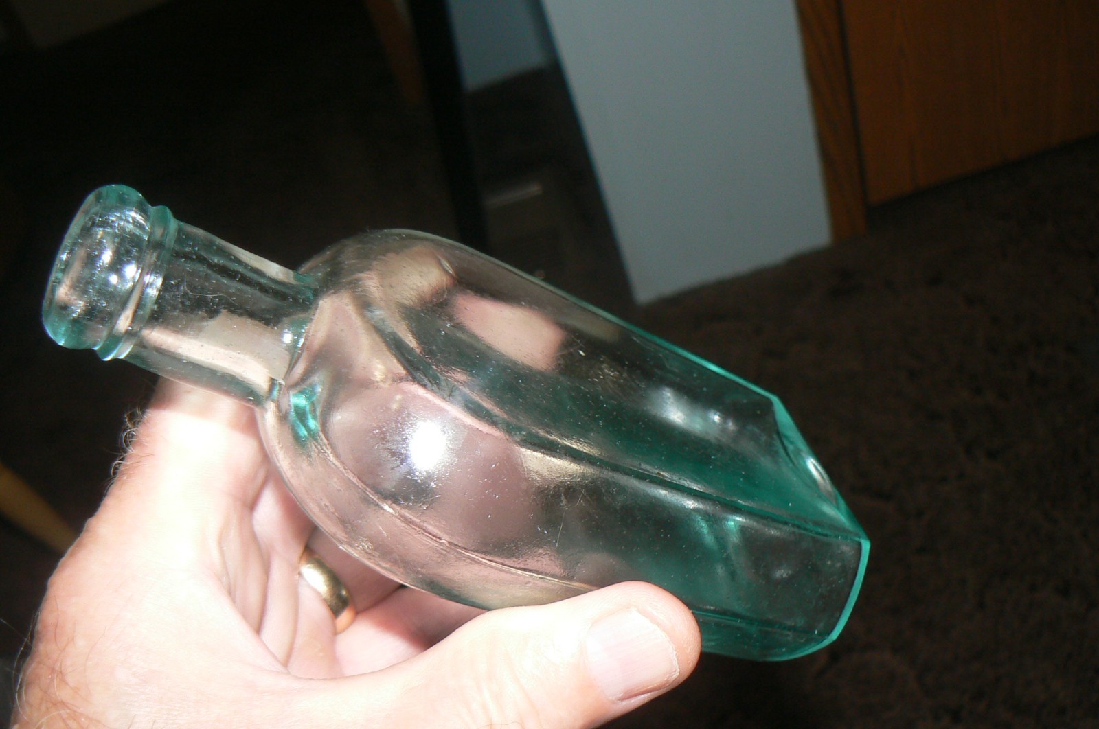 RARE 1860S TO 1870S AQUA GREEN Coffin, Strapped, Whiskey Flask, VERY NICE.