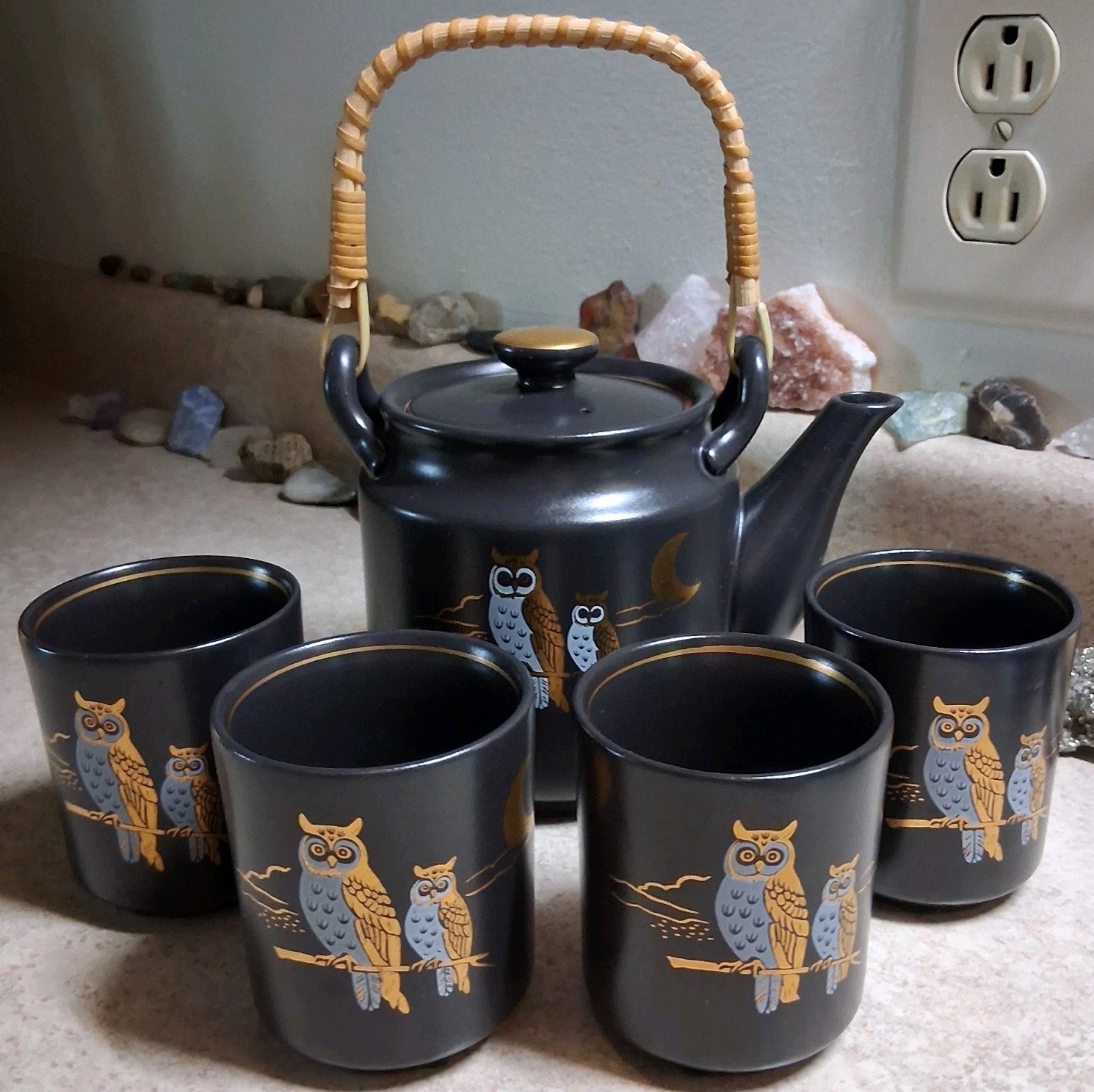 VTG Otagiri Gold Owls Moon MCM Black Tea Pot Saki Cups Japan Bamboo Art Deco Mug VTG Otagiri Gold Owls Moon MCM Black Tea Pot Saki Cups Japan Bamboo Art Deco Mug