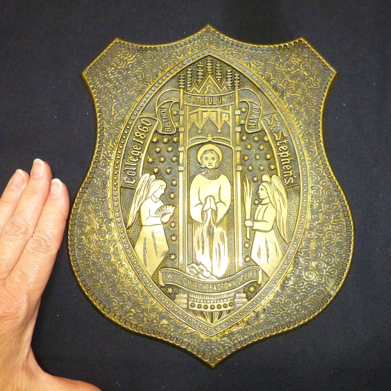 Very rare St Stephen\'s College 1860 Bard large brass plaque be thou faithful