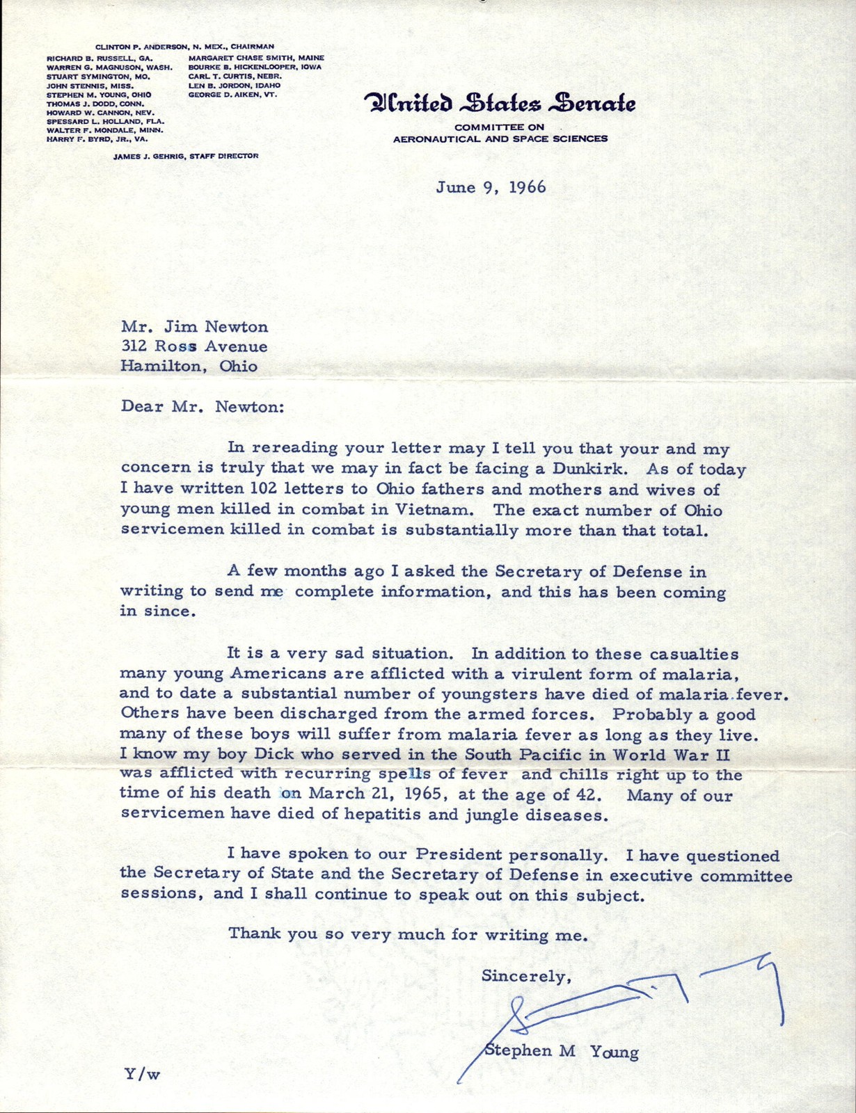 Vintage Signed Political Letter Stephen M Young U.S. Senate Vietnam War Malaria