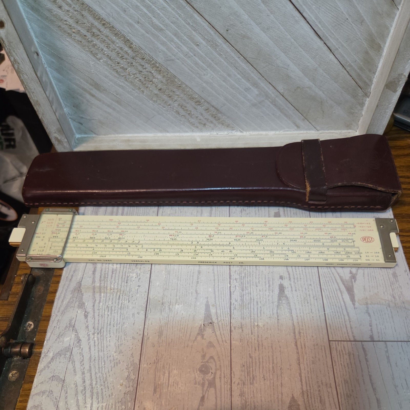 Vintage POST 1460 Versalog HEMMI Bamboo SLIDE RULE & Leather CASE Frederick Post