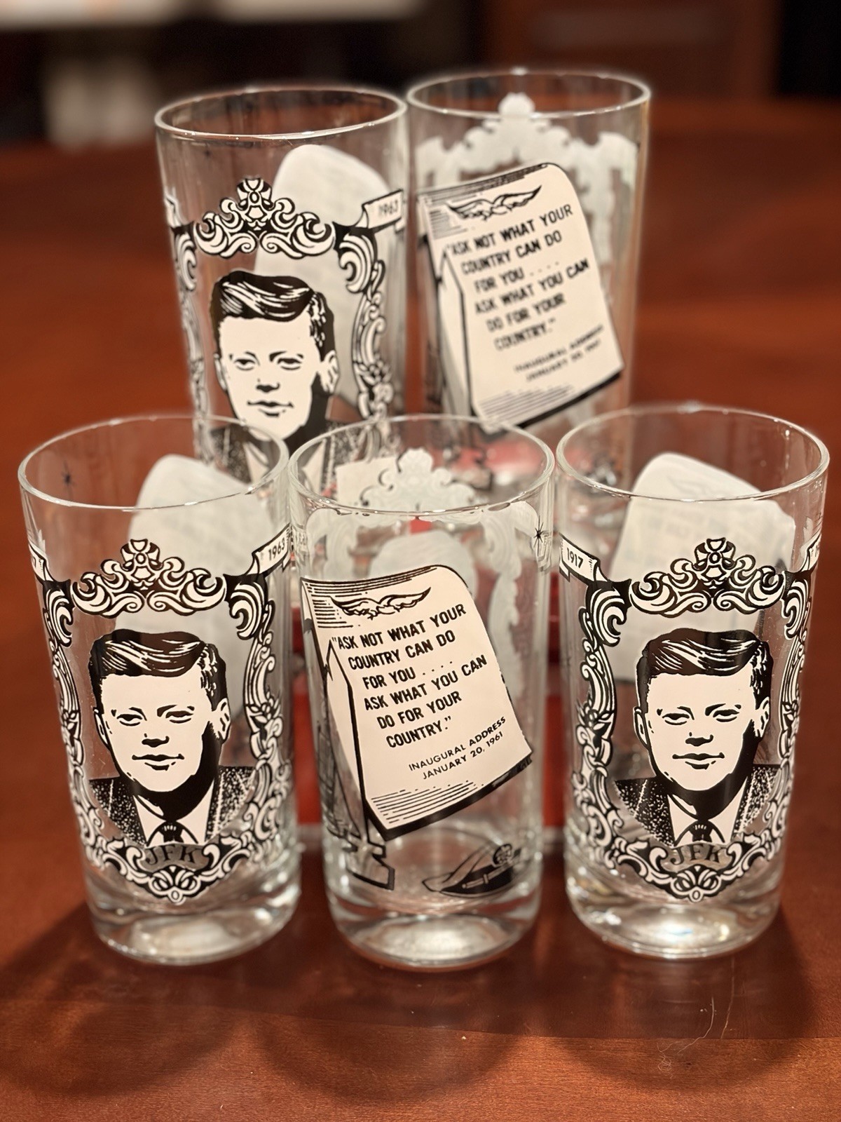 Vintage Set of 5 JFK Memorial Drinking Glasses Tumblers Inaugural Address 5.5” Vintage Set of 5 JFK Memorial Drinking Glasses Tumblers Inaugural Address 5.5”