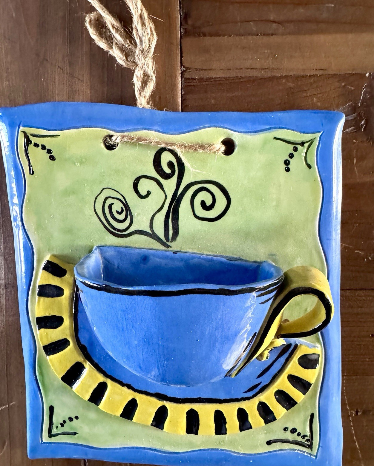 Hand Painted Teacup Wall Pocket Planter Whimsical Ceramic Signed Vintage