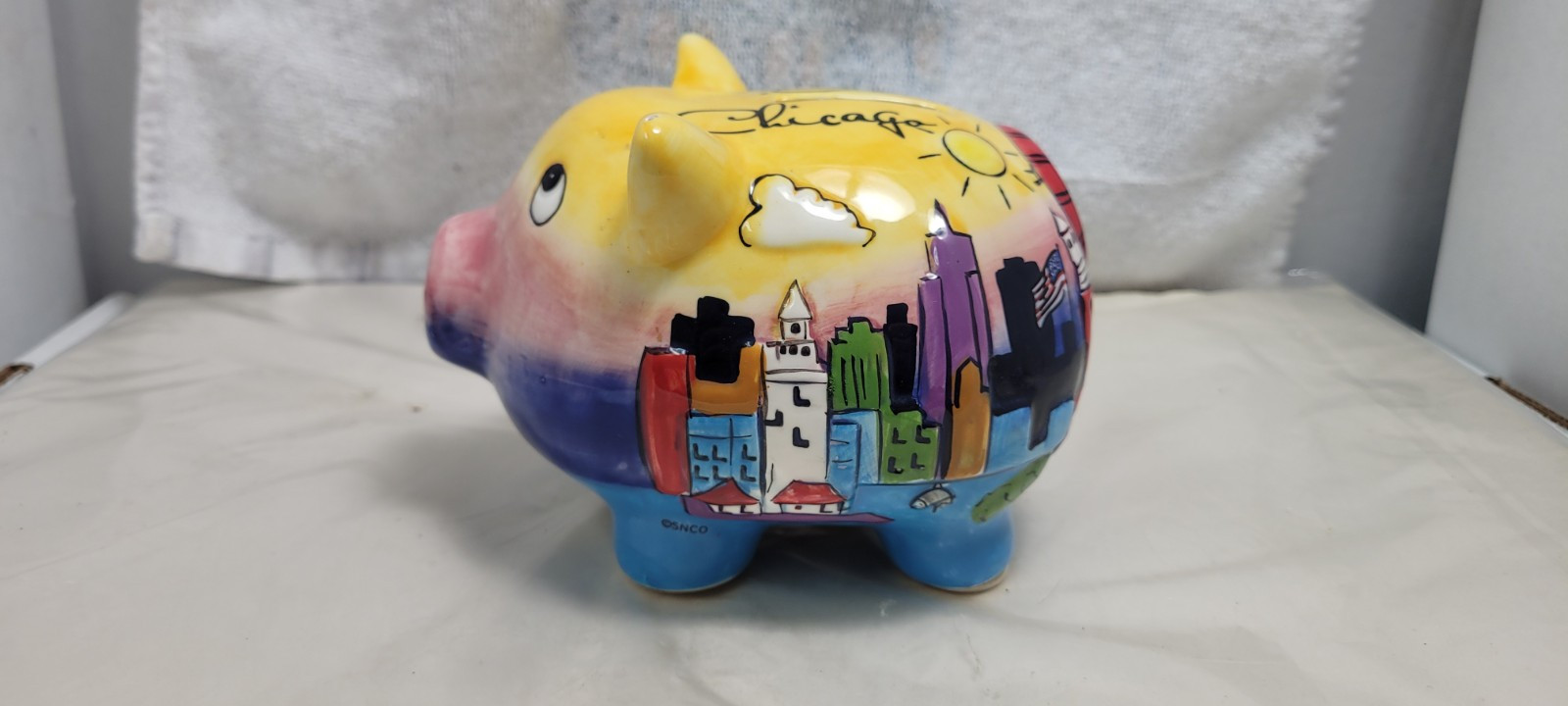 Navy Pier Chicago Skyline Whimsical Colorful Pig Bank