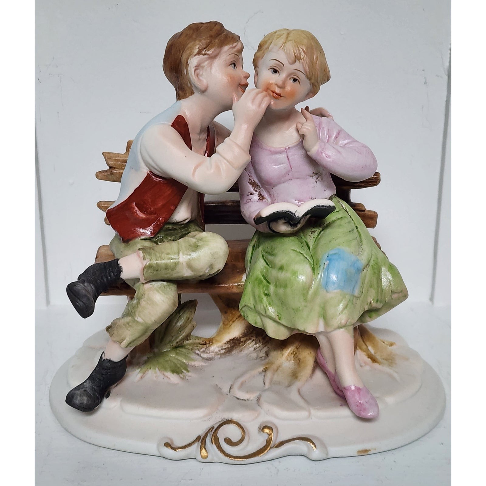 Vintage Boy Whispering to Girl On Bench Figurine Hand Painted on Bench 6