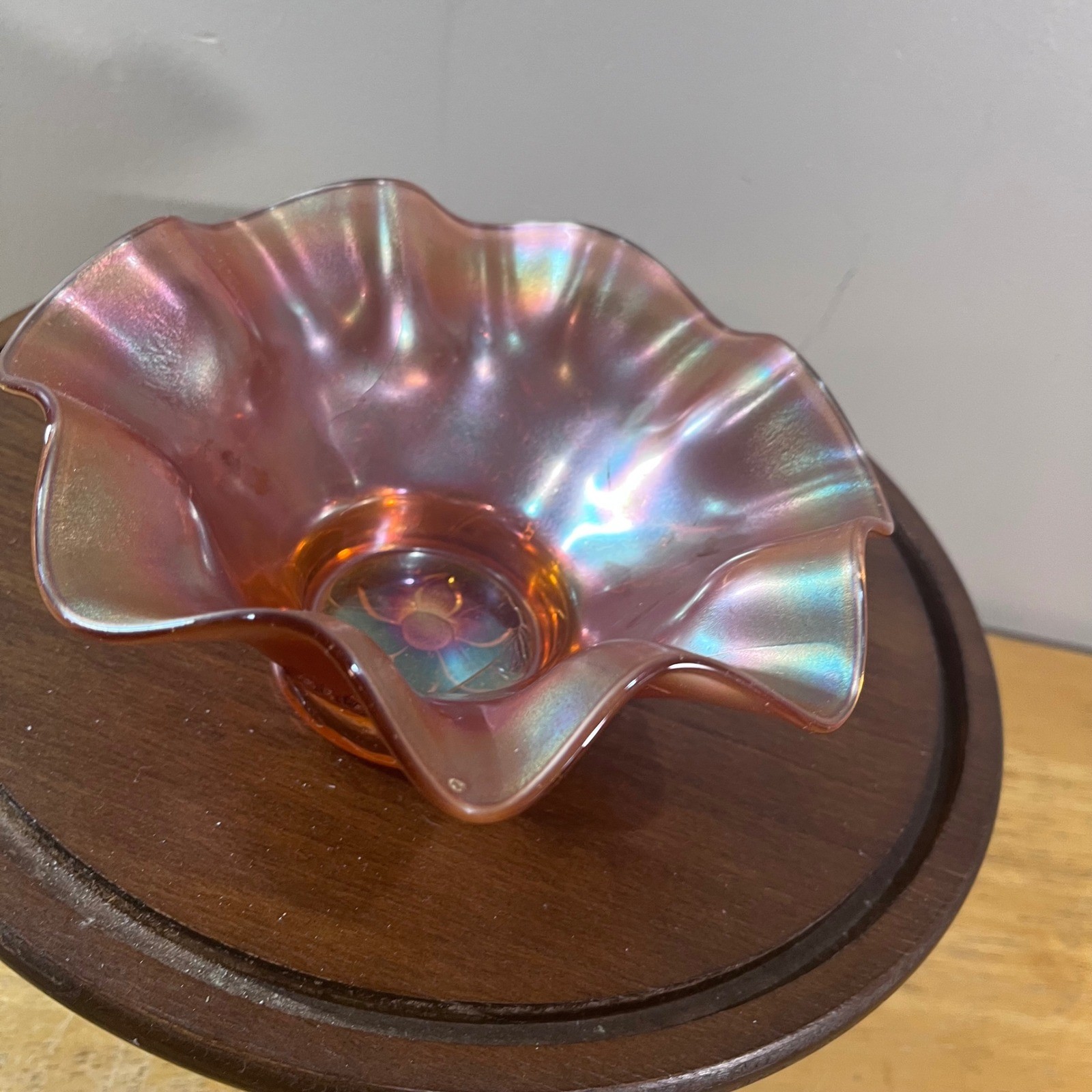Vtg Dugan Marigold Carnival Glass Bowl Iridescent Orange Ruffled Floral 7.5