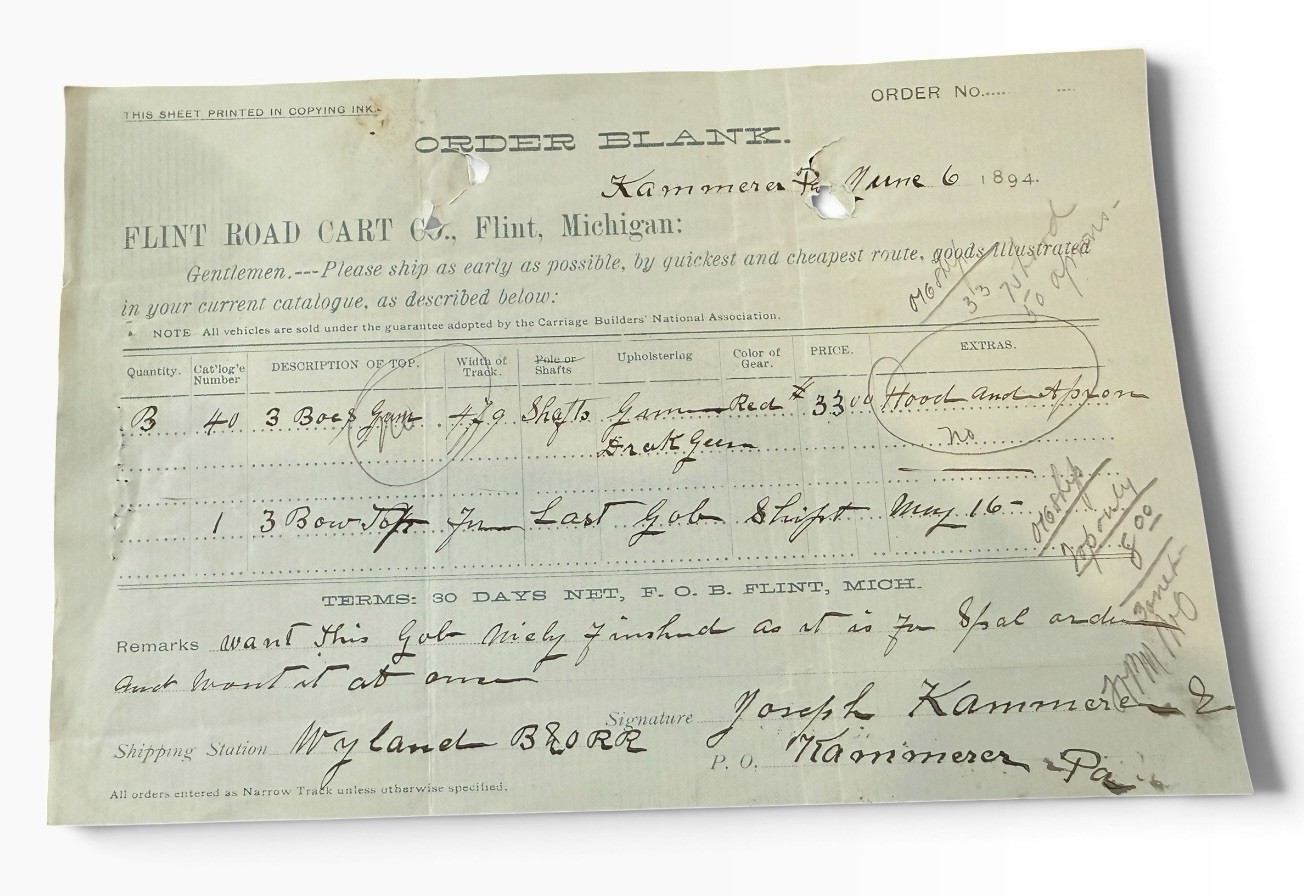 1894 Flint Road Cart Co Order Form Flint MI Billy Durant GM Predecessor Kammerer