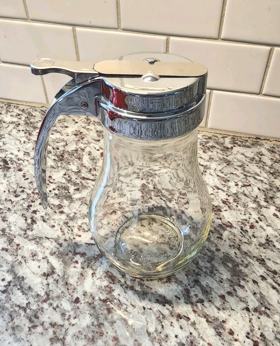 Glass Syrup Pitcher (Restaurant Style)Dispenser w/Chrome Handle And Smooth Slide