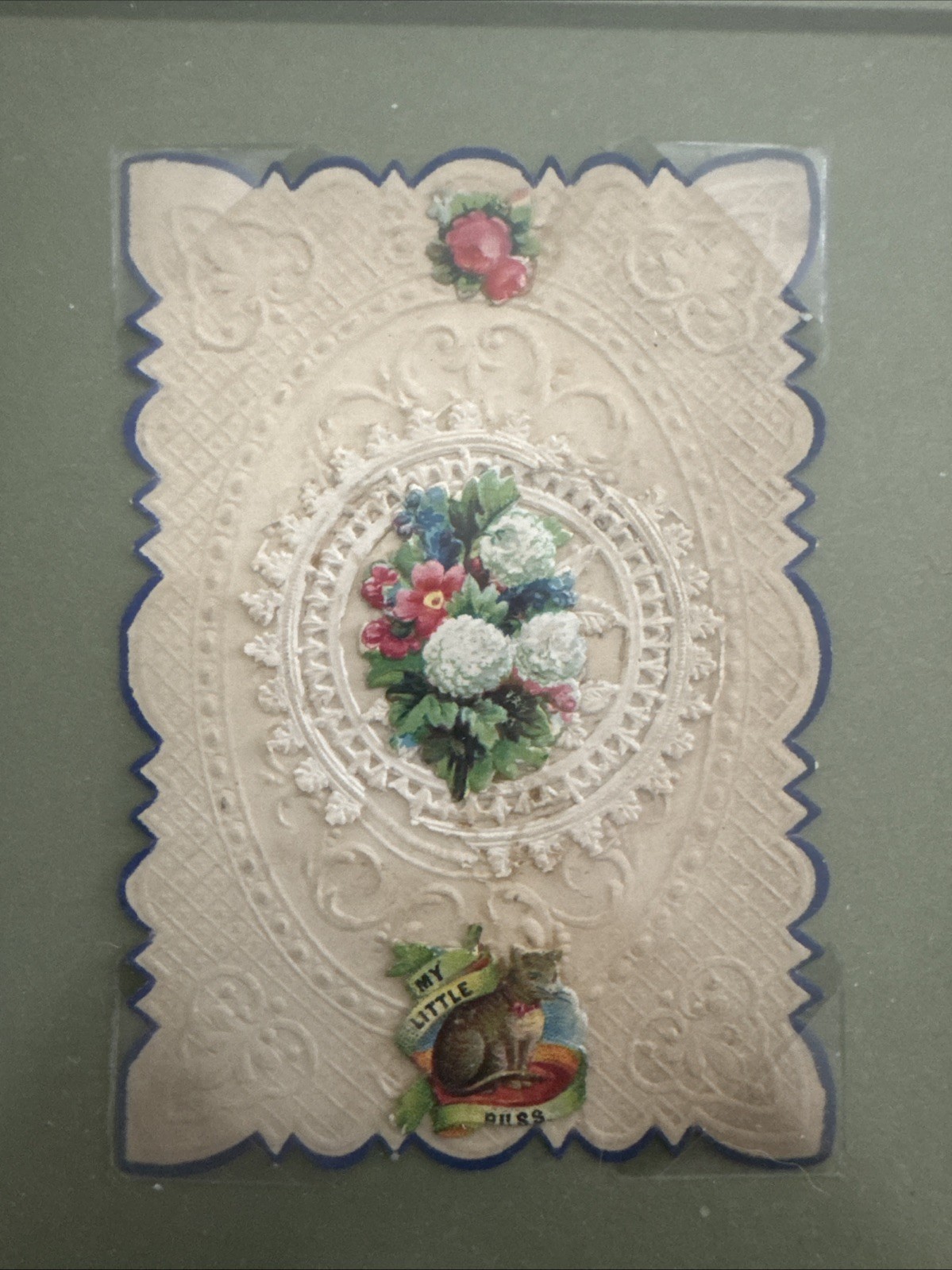 Framed Antique Victorian Paper Lace Valentine Card, Cat Die-Cut \