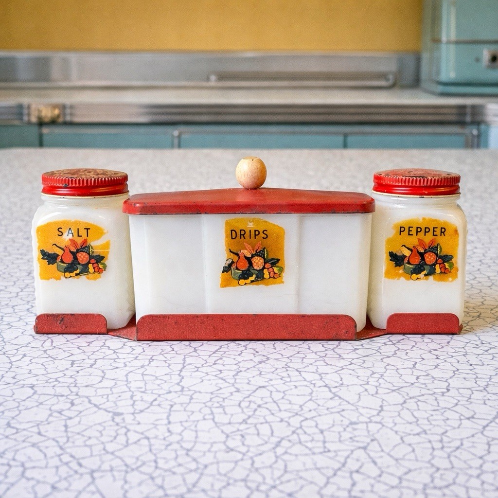 McKee Tipp City Range Set Salt Pepper Drips Grease Container Milk Glass Vintage McKee Tipp City Range Set Salt Pepper Drips Grease Container Milk Glass Vintage